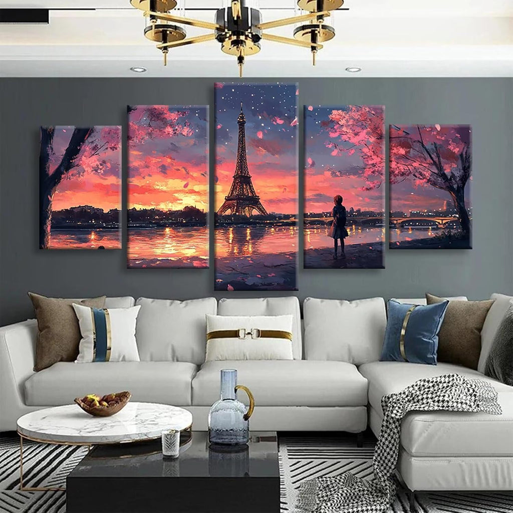 Cherry Blossoms Diamond Art 5 Piece Diamond Painting Landscape 5D DIY Full Round Drill Dimond Art Paintings Crystal Rhinestones Crafts for Adults Gem Painting for Home Decor, 36 x 70 Inch, Model405