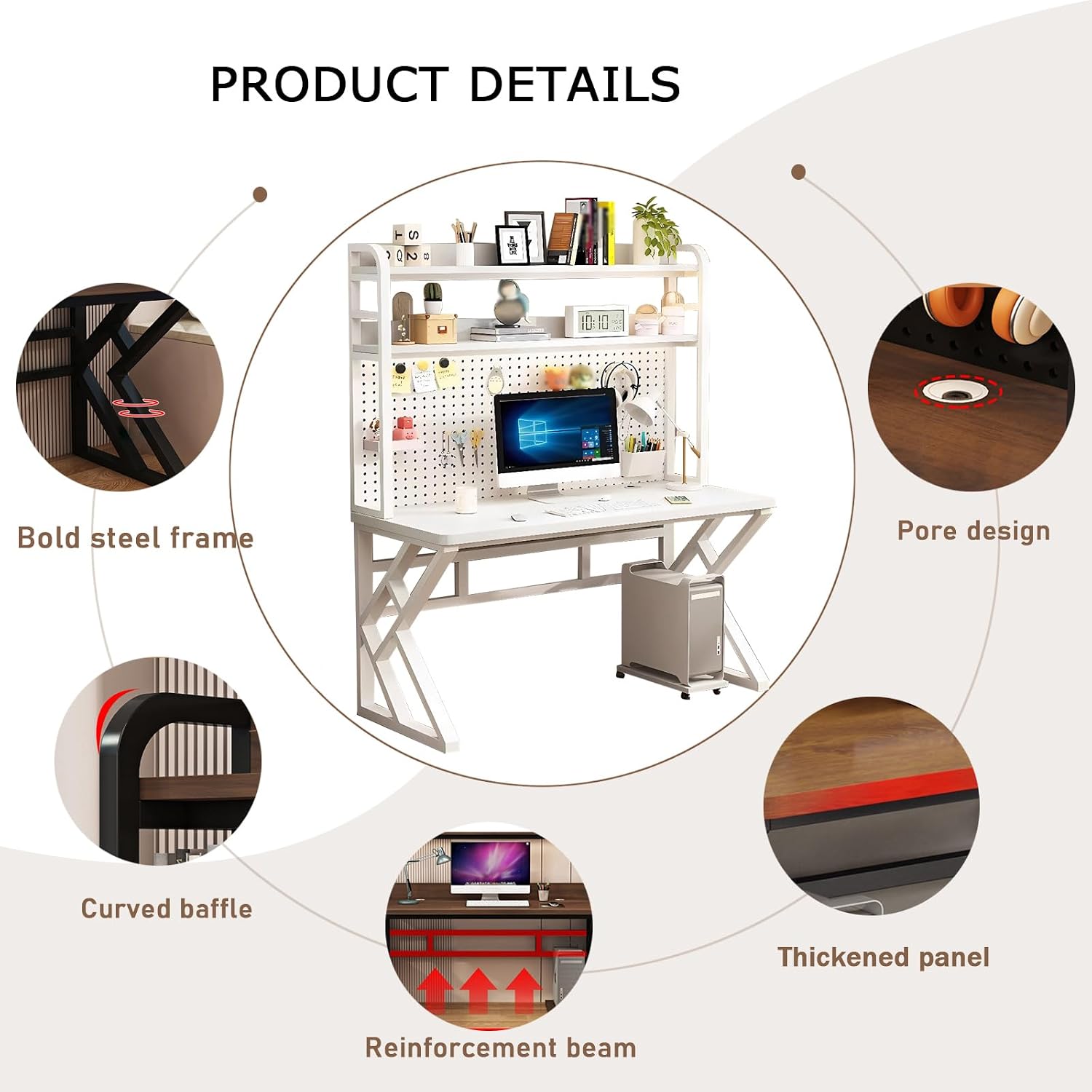 Gaming Desk with Bookshelf Combo, Computer Desk with Pegboard, Large Writing Table with Desktop Shelves, Ample Leg Room, for Home Office (White, 31.4in)