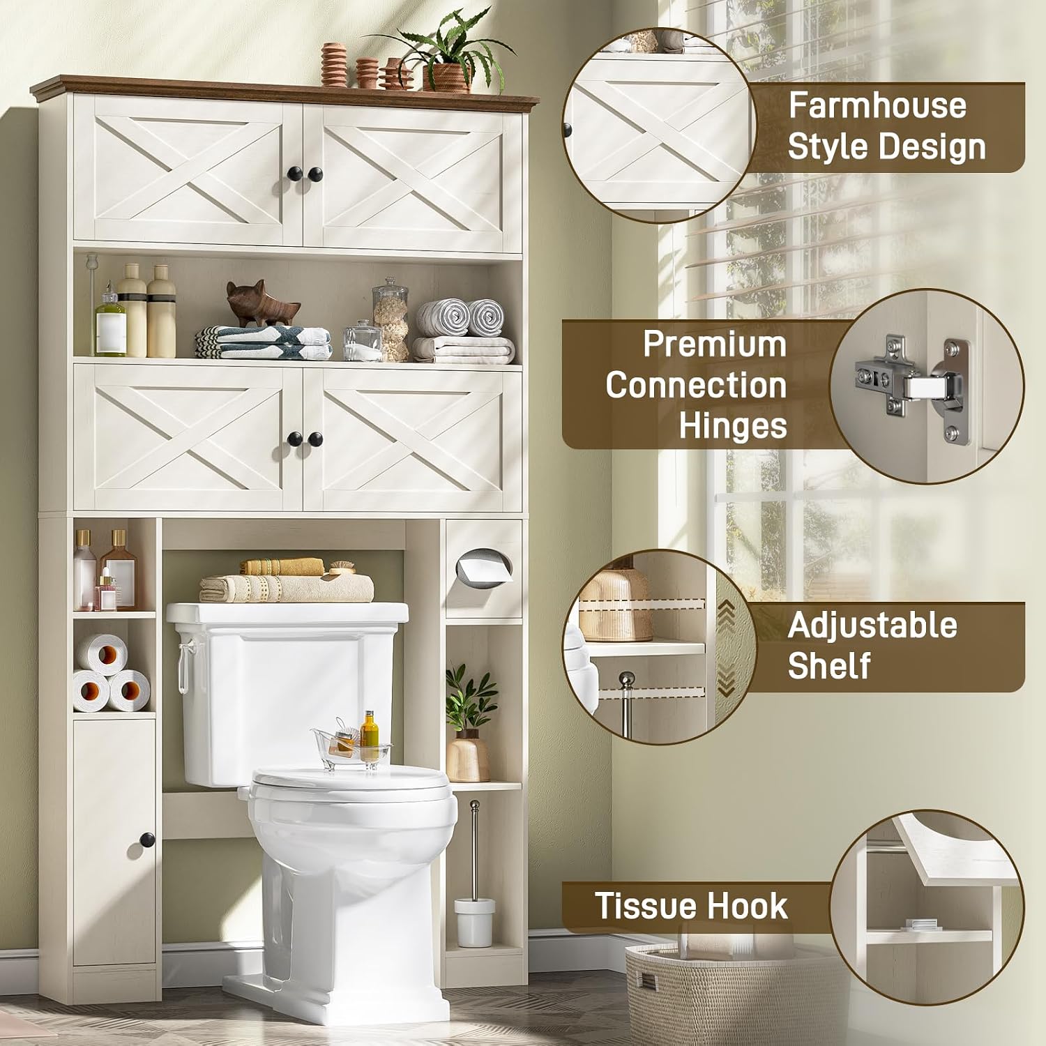 Over The Toilet Storage Cabinet, Farmhouse Storage Over Toilet with 4 Barn Doors & Adjustable Shelf, Space Saving Bathroom Organizer with Toilet Paper Holder Stand for Bathroom, Laundry, Rustic White