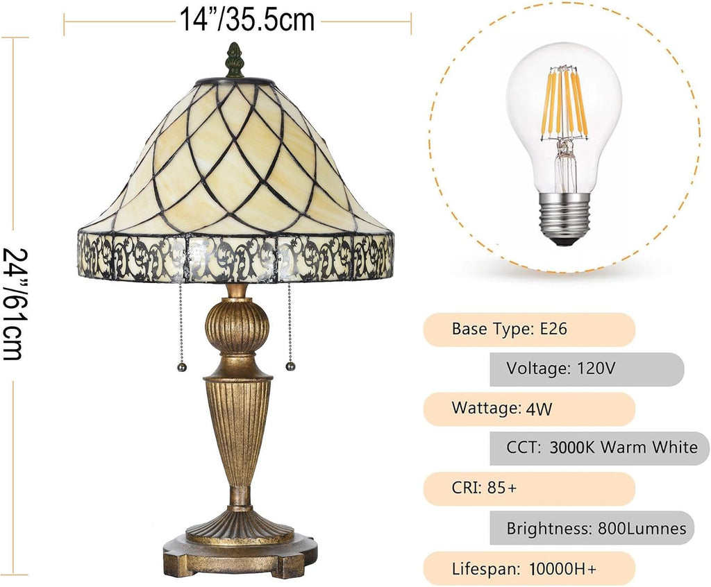 TL0028 Tiffany Table Lamp Stained Glass Lampshade Beige-Like Color with Geometric Pattern, Warm Glow & Elegant Design, Antique Finished Lamp Base, W 14 X H 24 Inches, LED Bulb Included