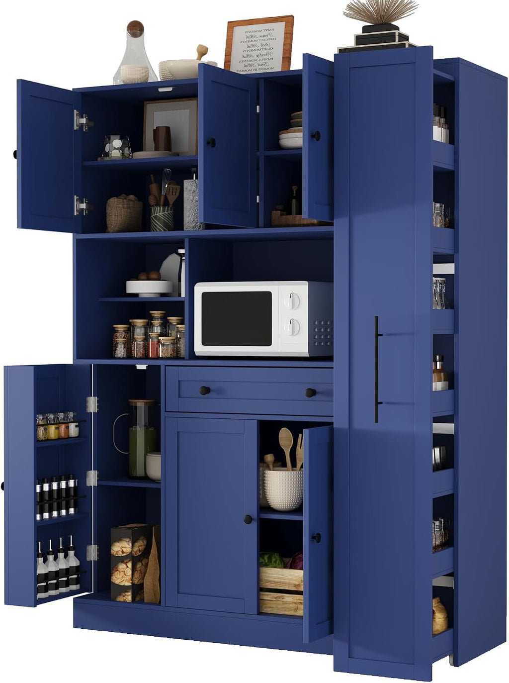 Modern 70inch Kitchen Pantry Storage Cabinet Cupboard with Hutch, Freestanding Buffet with Pull-Out Side Cabinet and Drawer for Living Room, Kitchen