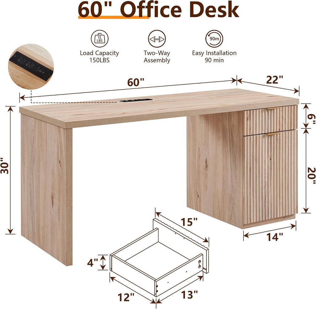 JXQTLINGMU 60' Modern Executive Desk with Storage, Wood Home Office Desk with Drawer & Cabinet, Fluted Computer Writing Desk for Study, Living Room, Bedroom, Oak