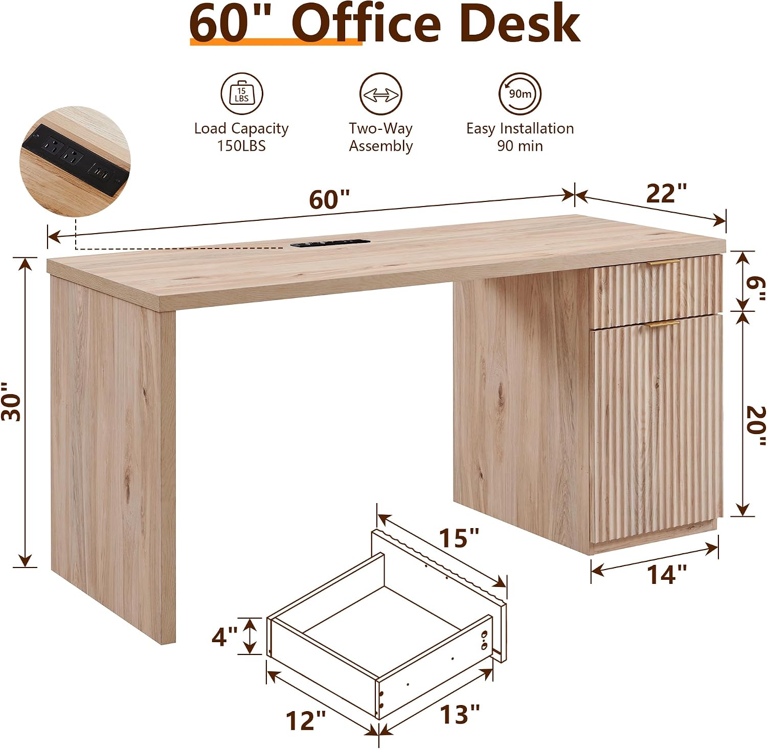 JXQTLINGMU 60' Modern Executive Desk with Storage, Wood Home Office Desk with Drawer & Cabinet, Fluted Computer Writing Desk for Study, Living Room, Bedroom, Oak