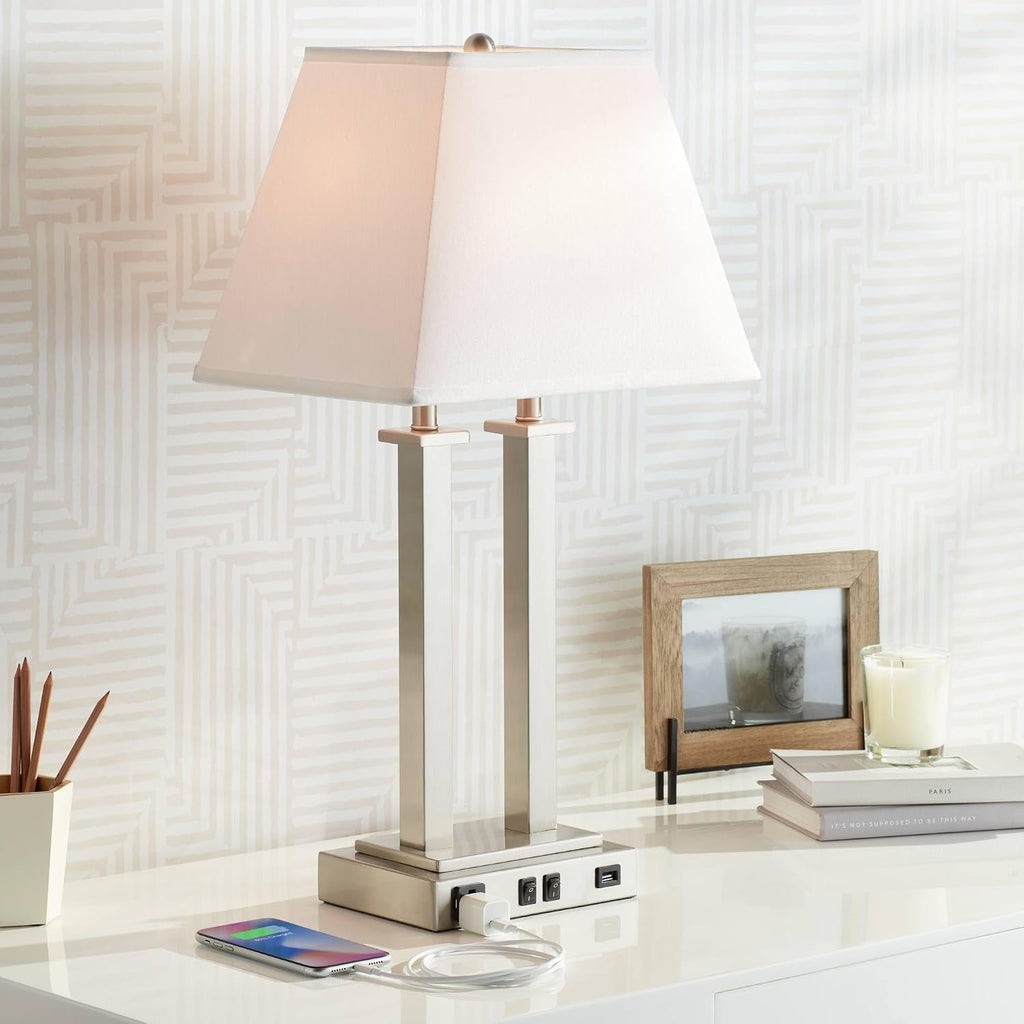 Possini Euro Design Amity Modern Table Lamp 26' High with USB and AC Power Outlet in Base Brushed Nickel White Linen Hardback Shade for Bedroom Living Room House Home Desk Bedside Nightstand Office