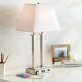 Possini Euro Design Amity Modern Table Lamp 26' High with USB and AC Power Outlet in Base Brushed Nickel White Linen Hardback Shade for Bedroom Living Room House Home Desk Bedside Nightstand Office