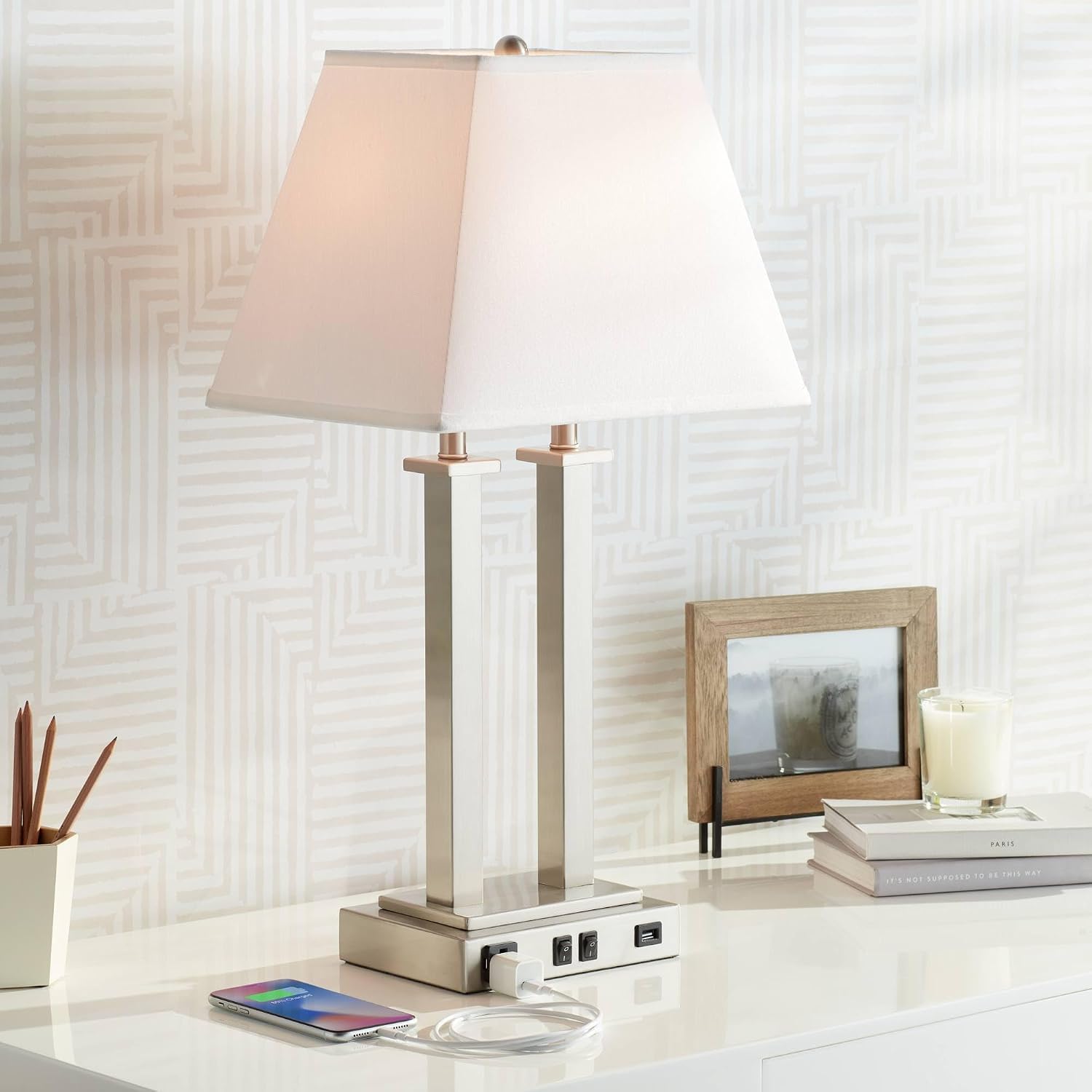 Possini Euro Design Amity Modern Table Lamp 26' High with USB and AC Power Outlet in Base Brushed Nickel White Linen Hardback Shade for Bedroom Living Room House Home Desk Bedside Nightstand Office