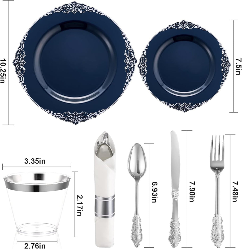 Bestluck 700PCS Navy Blue Plates for 100 Guests, Disposable Dinnerware Sets Include 100 Plastic Plates, 100 Silverwares, 100 Cups, and 100 Pre Rolled Napkins for Party, Wedding and Graduation