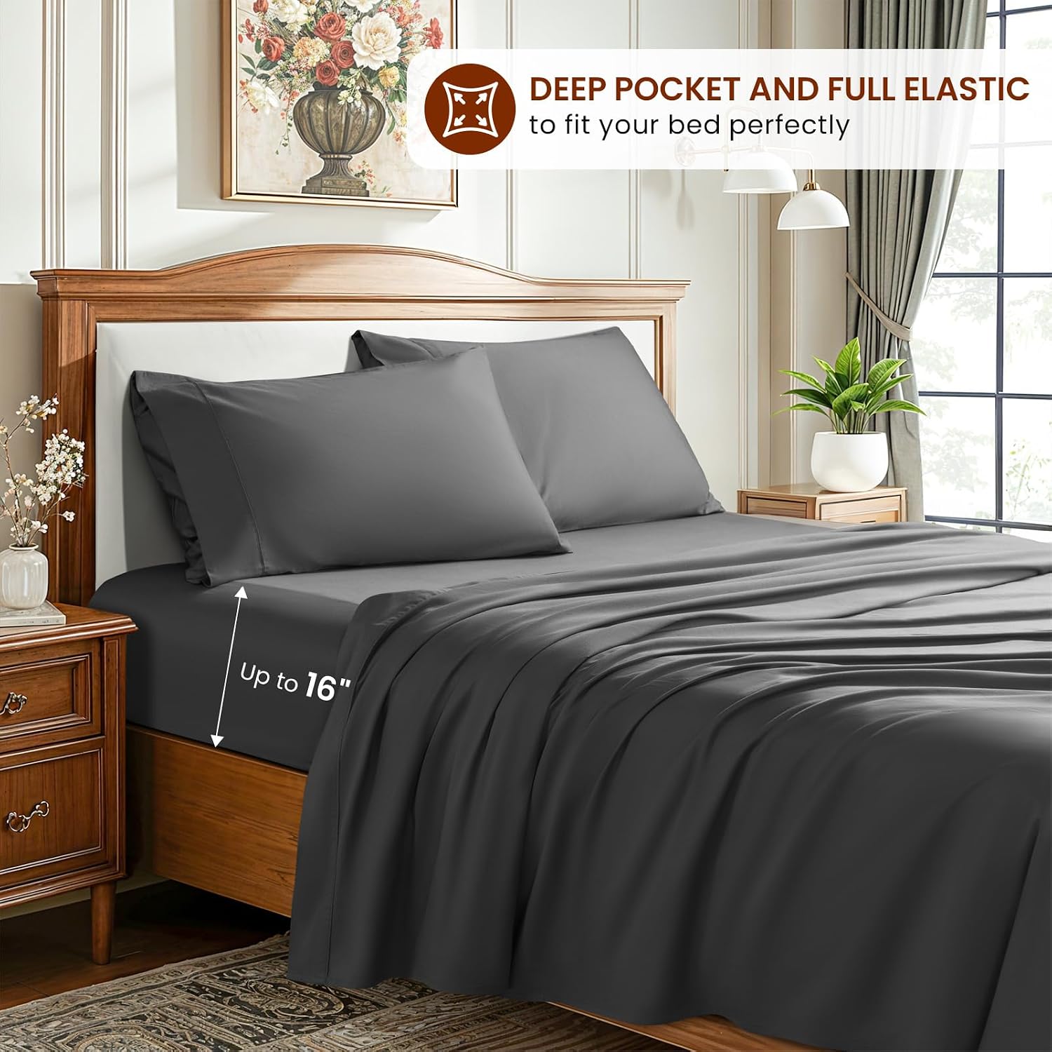 LBRO2M 1500 Thread Count Sheets 100% Egyptian Cotton Sheets Set 16 Inches Deep Pocket King Size Bedding 4 Pcs Sets (King, Dark Gray)