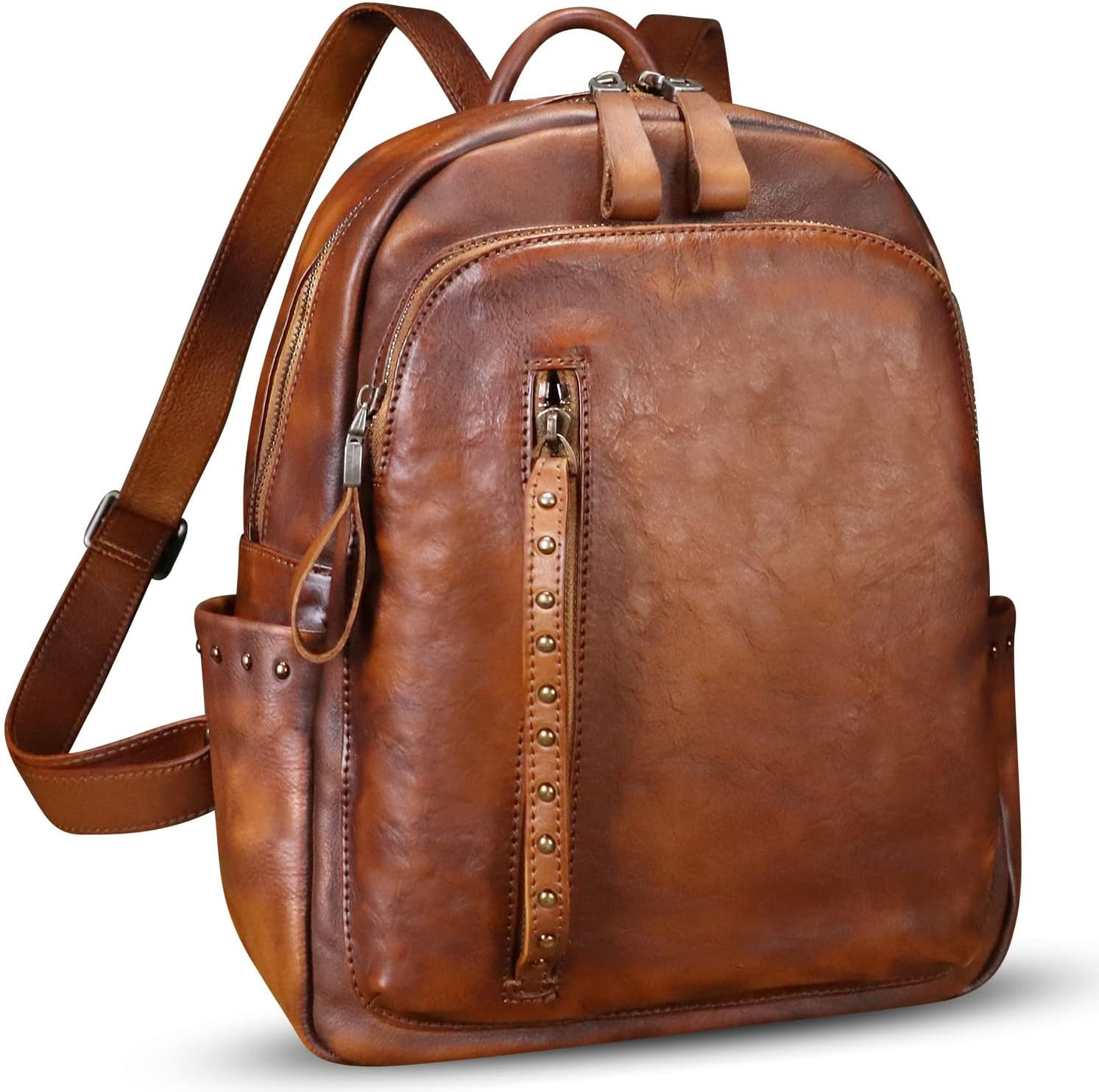 Genuine Leather Backpack Purse for Women Vintage Casual Daypack College Bag Handmade Cowhide Western Rivets Rucksack (Brown)