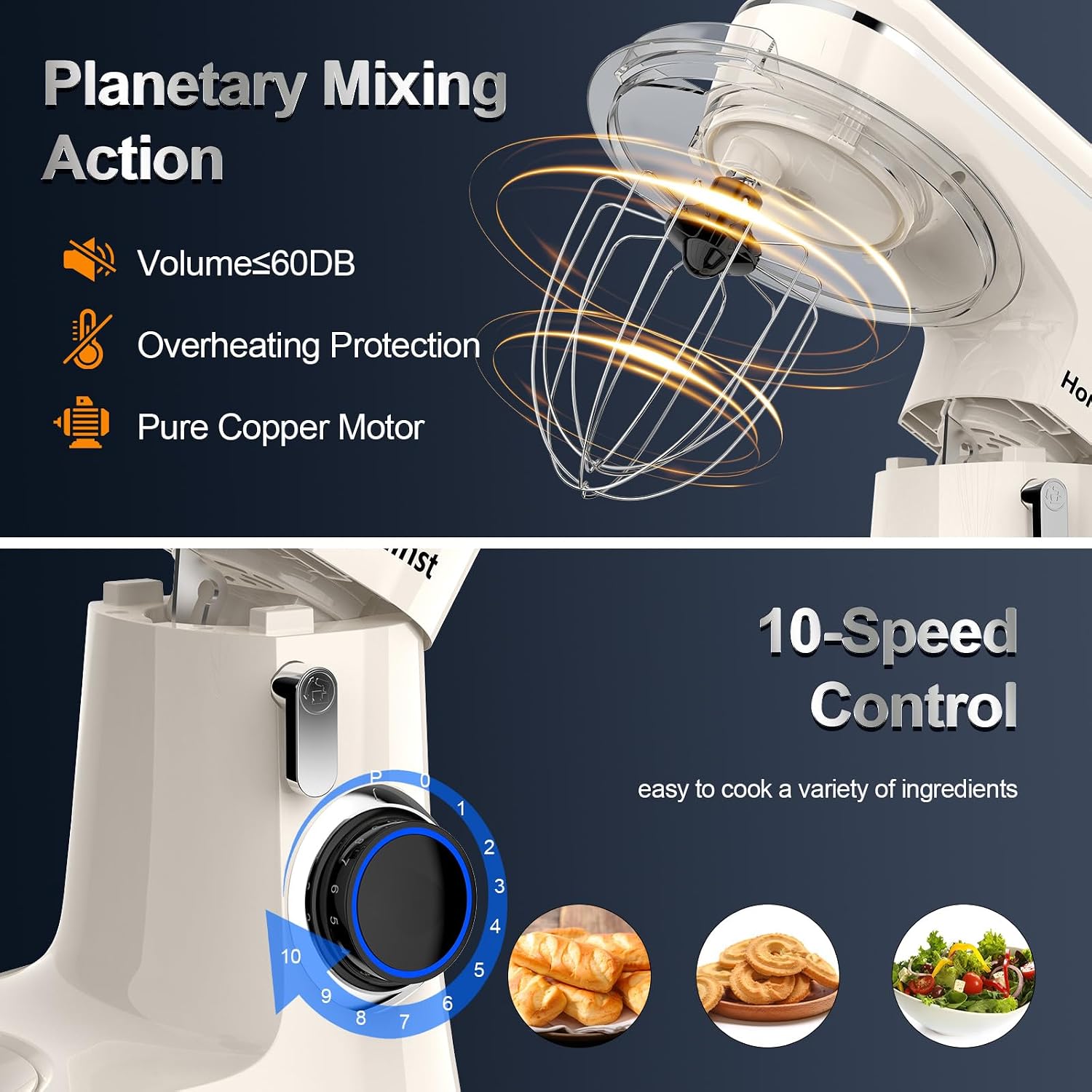 Honinst Stand Mixer, 6.5QT 10-Speed Tilt-Head Electric Stand Mixer, 3-In-1 Kitchen Mixer with Bowl, Dough Hook, Whisk and Beater, Food Mixer for Baking, Cake and Most Home Cooks, Beige