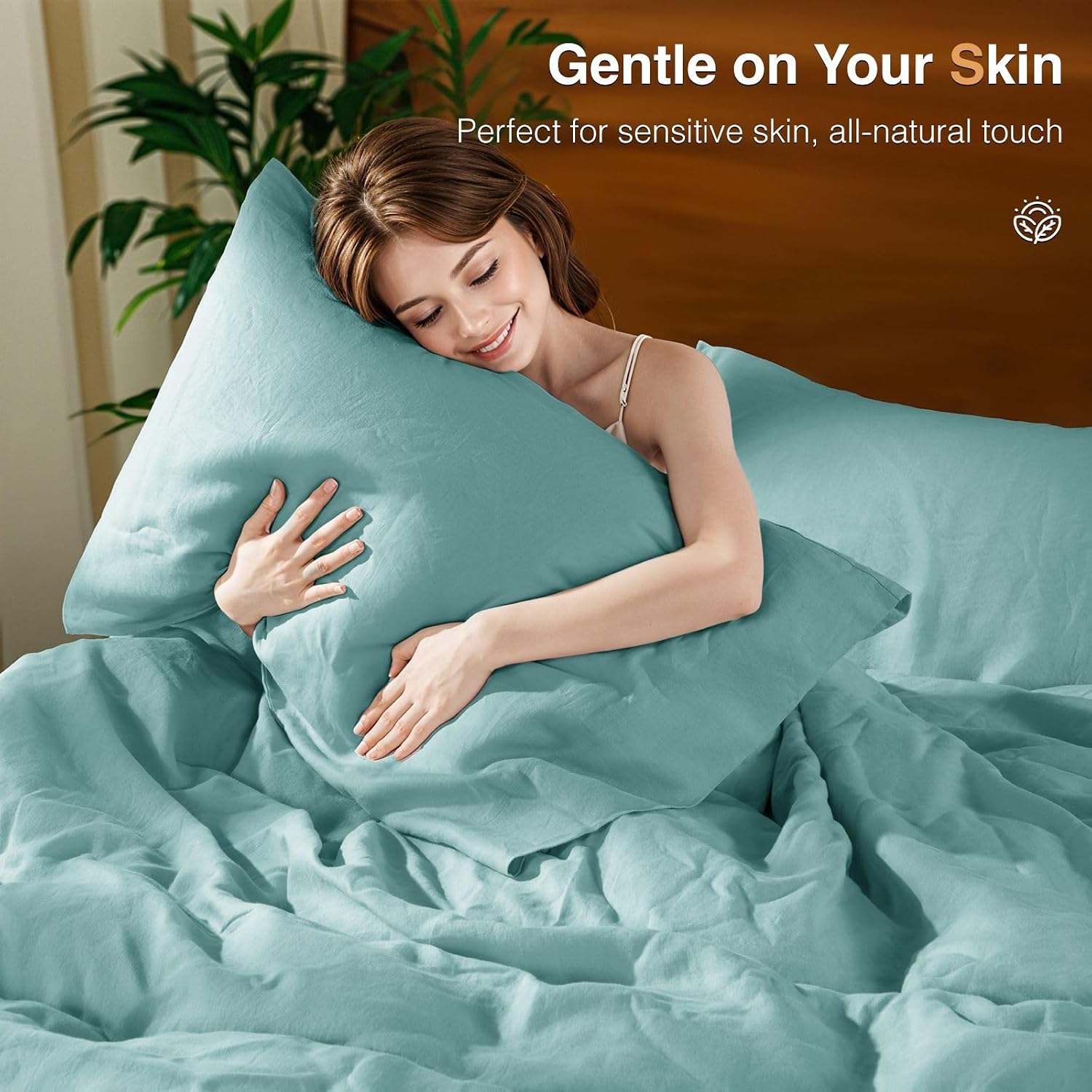 SONORO KATE 100% French Linen Duvet Cover Queen Size, Soft Breathable for Hot Sleepers, Moisture Wicking & Durable Cover Set - Zipper Closure & 4 Corner Ties Duvet Covers 3 Piece (Aqua,Queen)