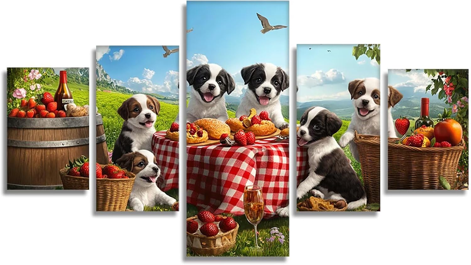 Dog Diamond Art 5 Piece Diamond Painting Farmhouse 5D DIY Full Round Drill Dimond Art Paintings Rhinestones Crafts for Adults Gem Painting for Home Decor, Large Artwork for Wall 36 x 70 Inch, Model153