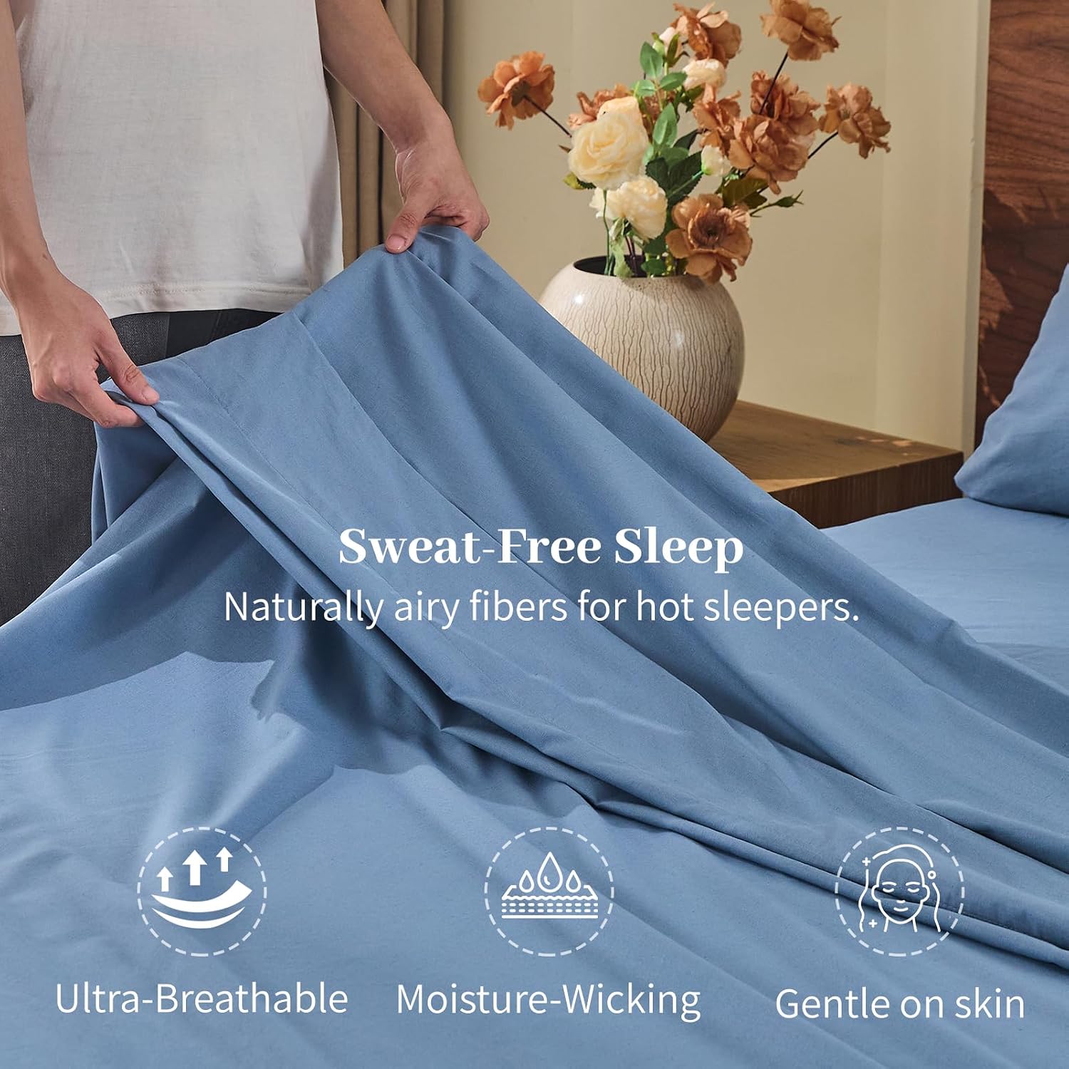 MEISHANG 100% French Pure Linen Sheets King Size - Bed Sheets 4 Piece Sets, Soft Durable Flax Linen, Anti-Tear Breathable Oeko-Tex Certified with 16' Deep Pocket (Dusty Blue)