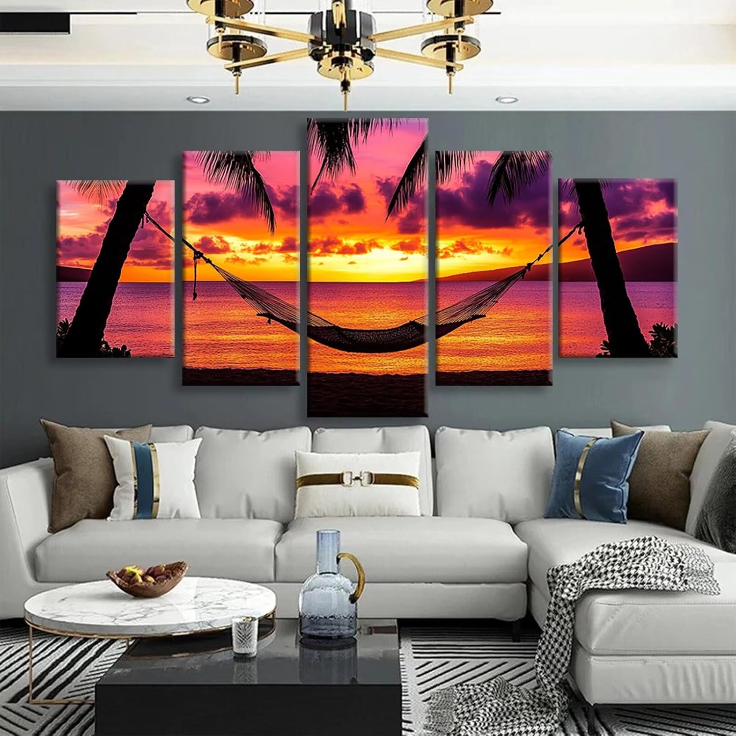 Sunset Diamond Art 5 Piece Diamond Painting Beach 5D DIY Full Round Drill Dimond Art Paintings Rhinestones Crafts for Adults Gem Painting for Home Decor, Large Artwork for Wall 36 x 70 Inch, Model393