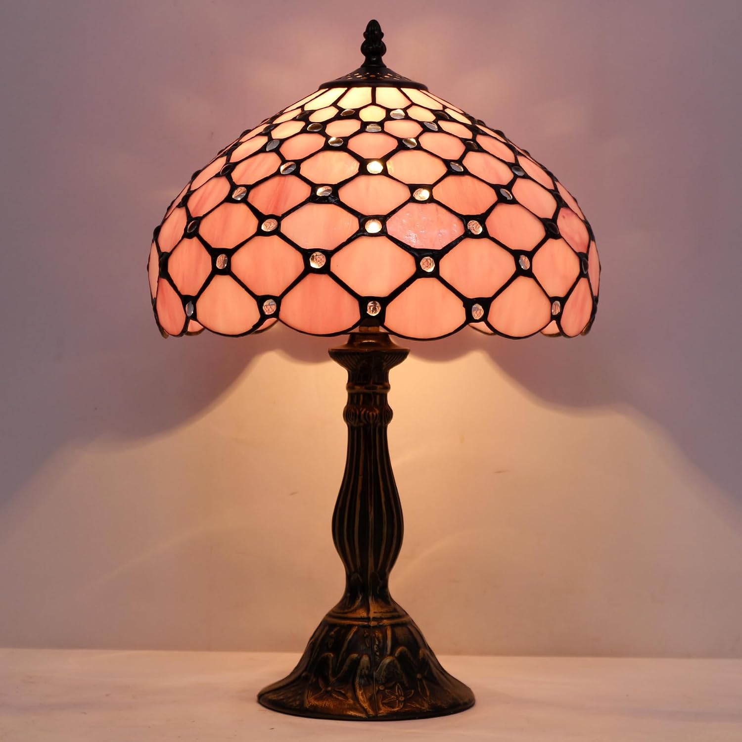 WERFACTORY Tiffany Lamp Pink Stained Glass Bead Table Lamp Desk Bedside Reading Light 12X12X18 Inches Deco Bedroom Living Room Home Office S005 Series