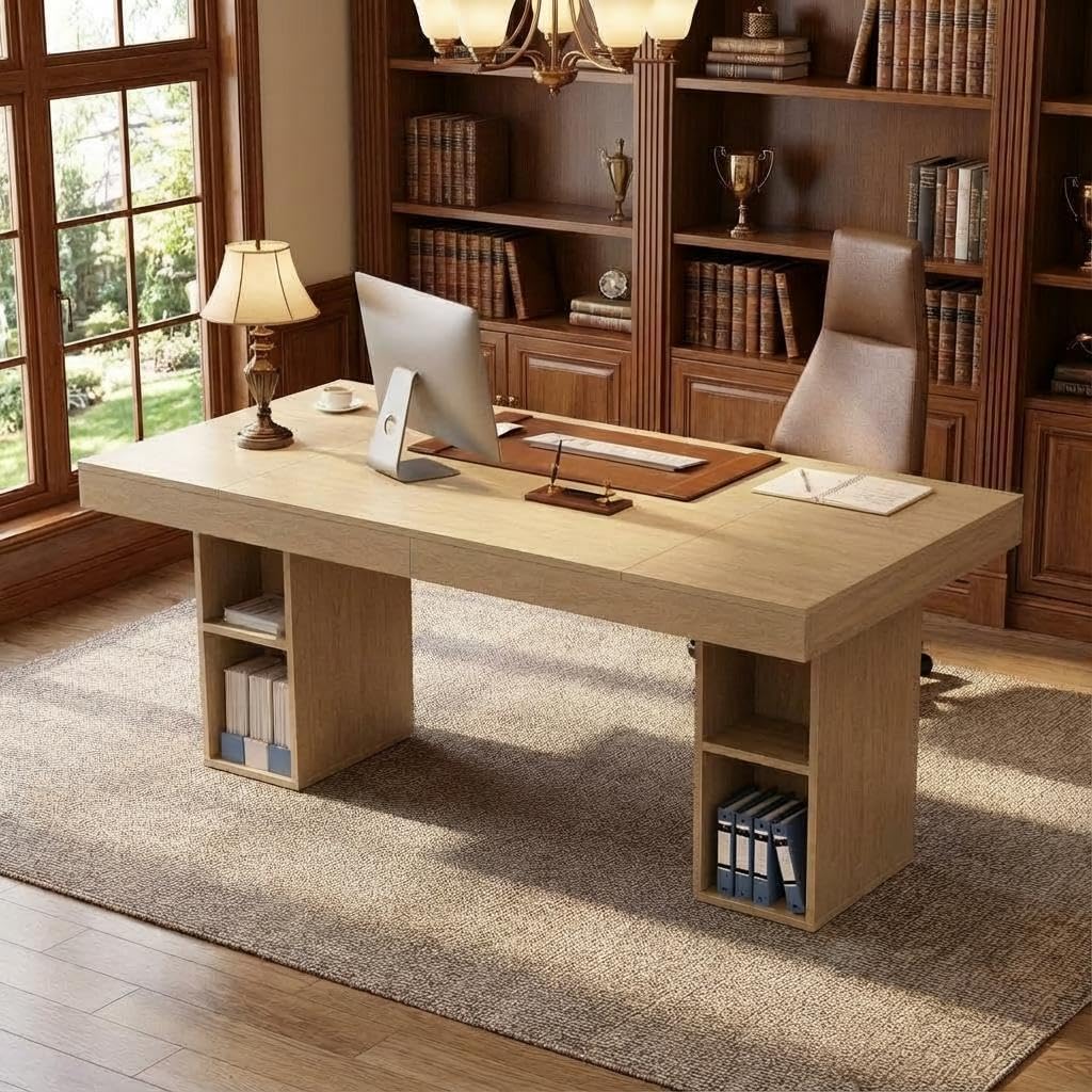 IDEALHOUSE 71' Executive Desk with Cabinet Storage, Farmhouse Home Office Desk, Wooden Computer Desk with Extra Thickened Tabletop & Metal Frame, for Work Study Writing, Oak