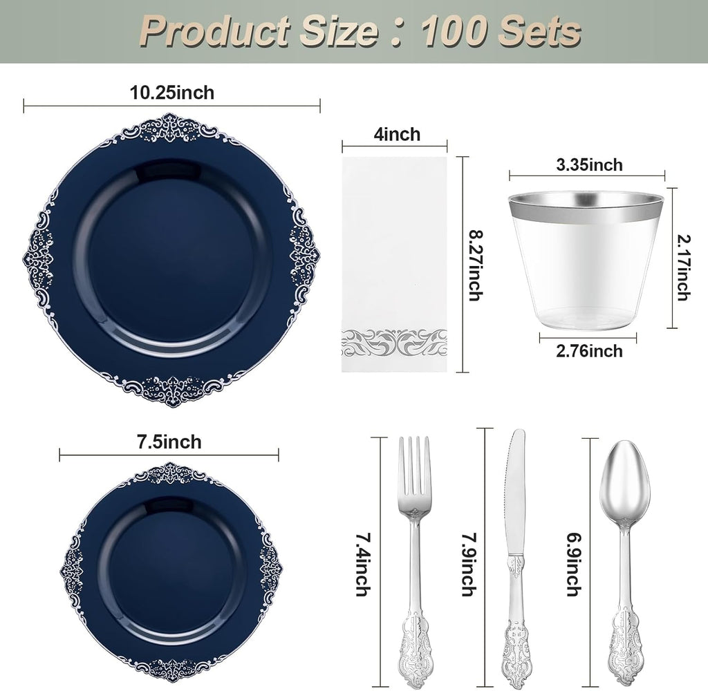 Bestluck 700PCS Navy Blue Plastic Plates for 100 Guests, Disposable Plates with Silver Trim include 100 Dinner plates, 100 Dessert Plates, 100 Gold Silverware, Cups and Napkins for Party, Graduation