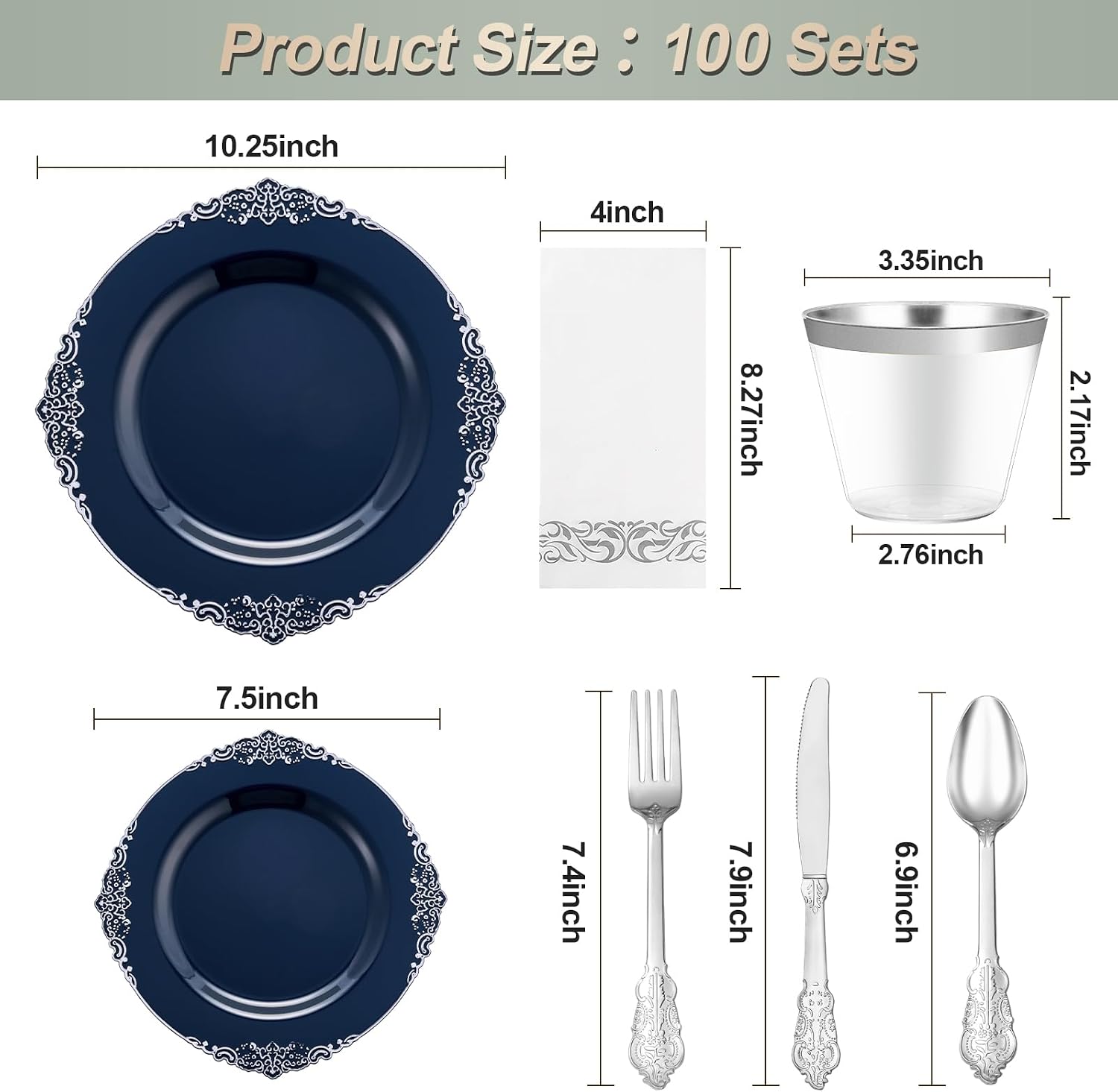 Bestluck 700PCS Navy Blue Plastic Plates for 100 Guests, Disposable Plates with Silver Trim include 100 Dinner plates, 100 Dessert Plates, 100 Gold Silverware, Cups and Napkins for Party, Graduation