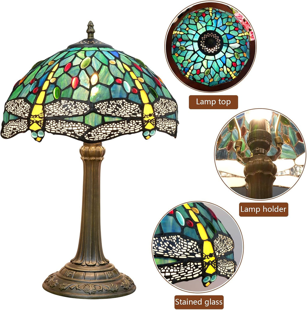 Tiffany Lamp Dragonfly Style Green Stained Glass Lamp Bedroom Table Lamp Reading Desk Light for Bedside Living Room Office Dormitory Dining Room Decorate Gift