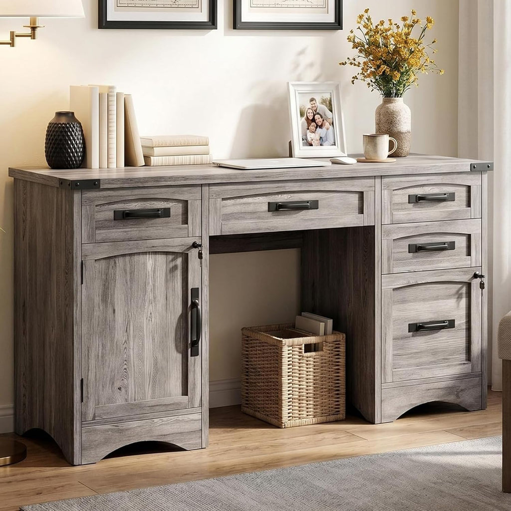 Decofy Farmhouse Executive Desk with Drawers, 55' Home Office Desks with Fast Charging Station, Lockable File Cabinet, Wood Writing Computer Desk for Work, Study, Grey