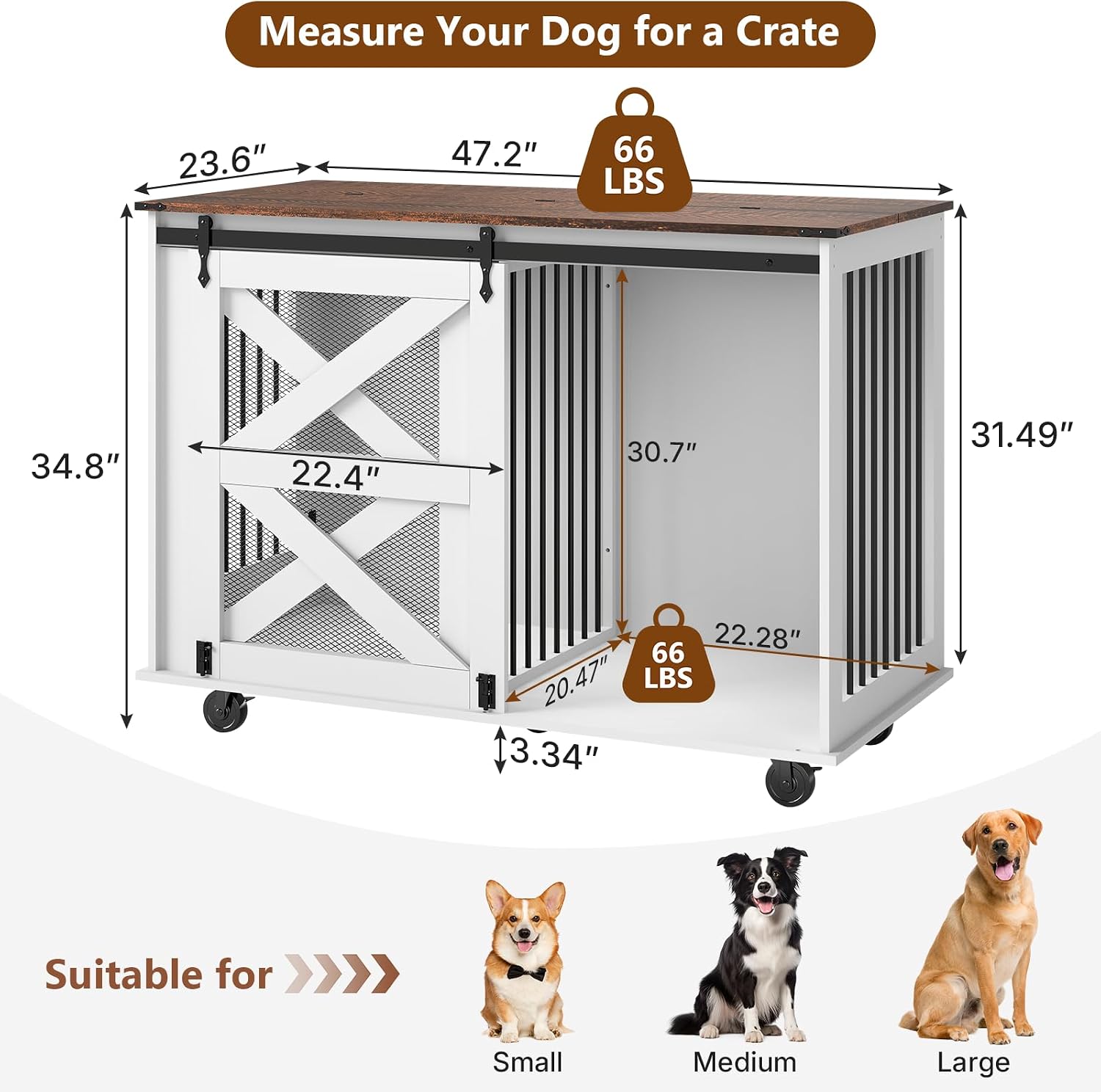 Yafylly 48 Inch XL Dog Crate, Wood XXL Dog Crate Furniture with Wheels, Flip-Top Feeding Door, Removable Divider, Farmhouse End Table Dog Crate with Sliding Barn Door, White