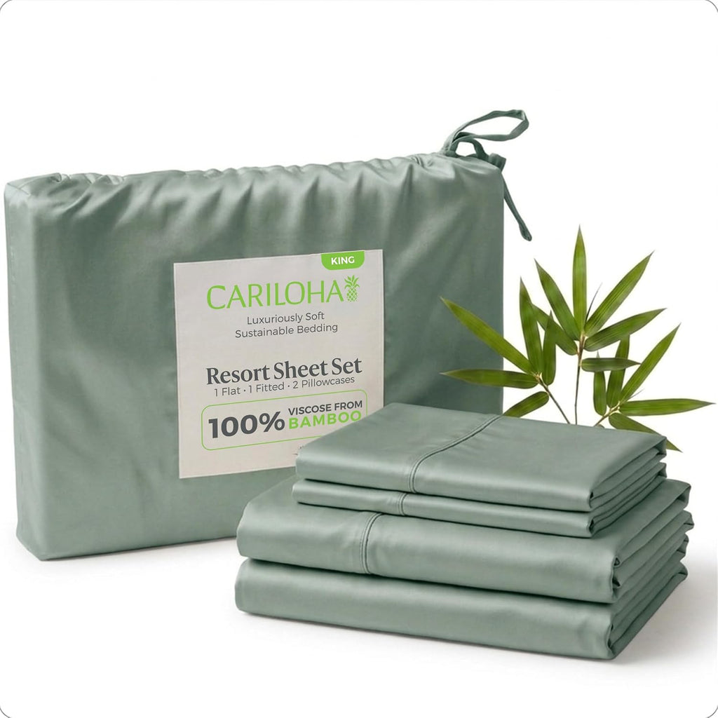 Cariloha Resort 4-Piece Sateen Sheet Set | Ocean Mist | King | Viscose Material | Allergy Resistant, Naturally Thermal-Regulating, Extra Soft Cooling Sheets for Hot Sleepers