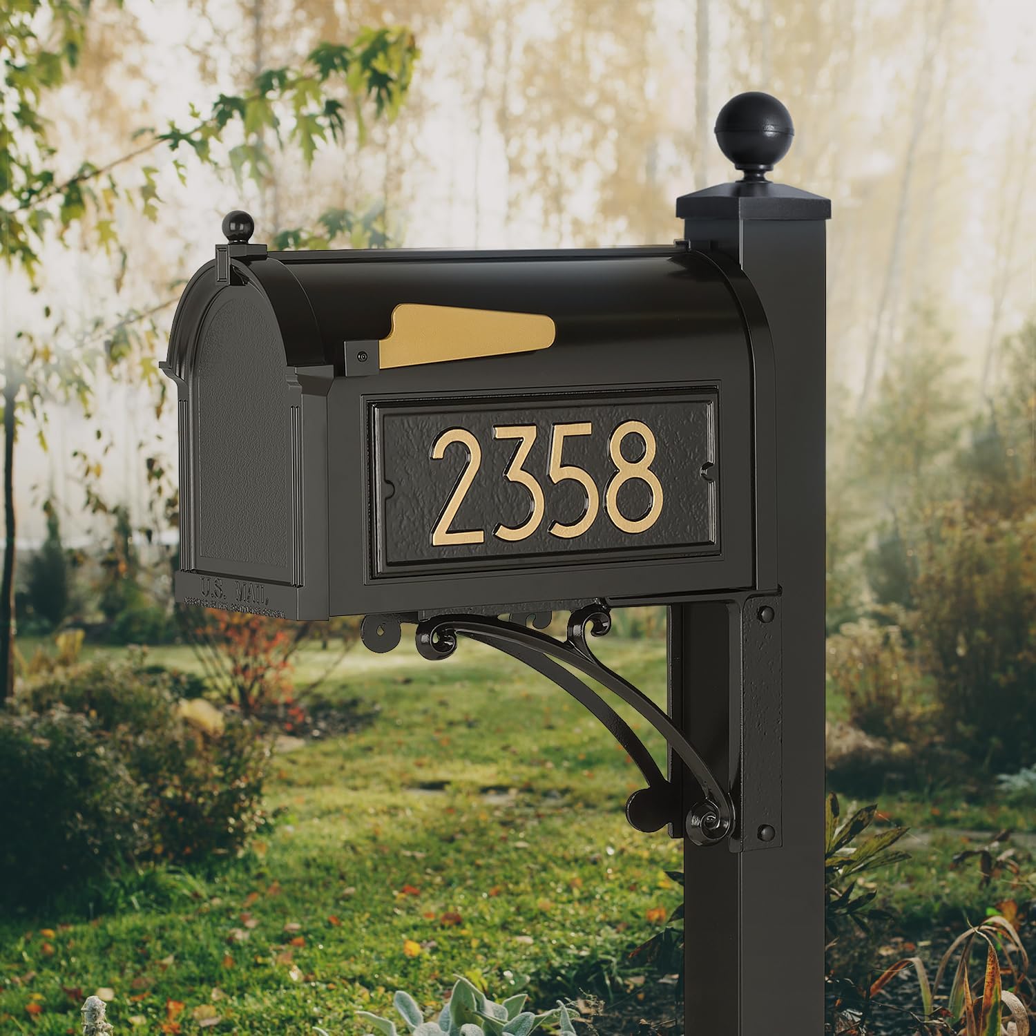 Whitehall Custom Extra Large Mailbox, Capitol Model with Modern Style Address Plaques and Post Package, Sand Cast Aluminum, Black Personalized in Goldtone