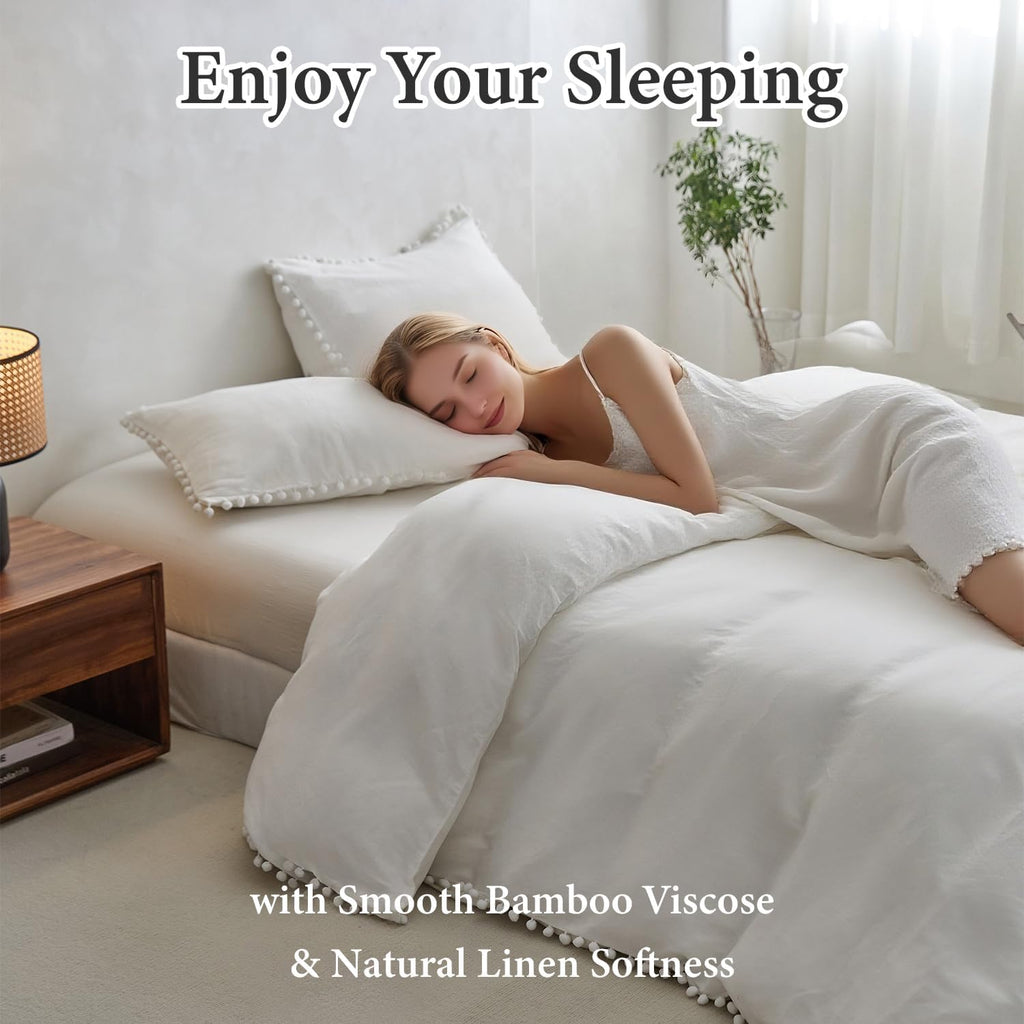 Simple&Opulence French Linen Blended Duvet Cover King, Flax Viscose Derived from Bamboo Bedding Set with Pom Pom Trim Soft Cooling for Hot Sleepers, 1 Boho Comforter Cover and 2 Pillow Shams, Linen