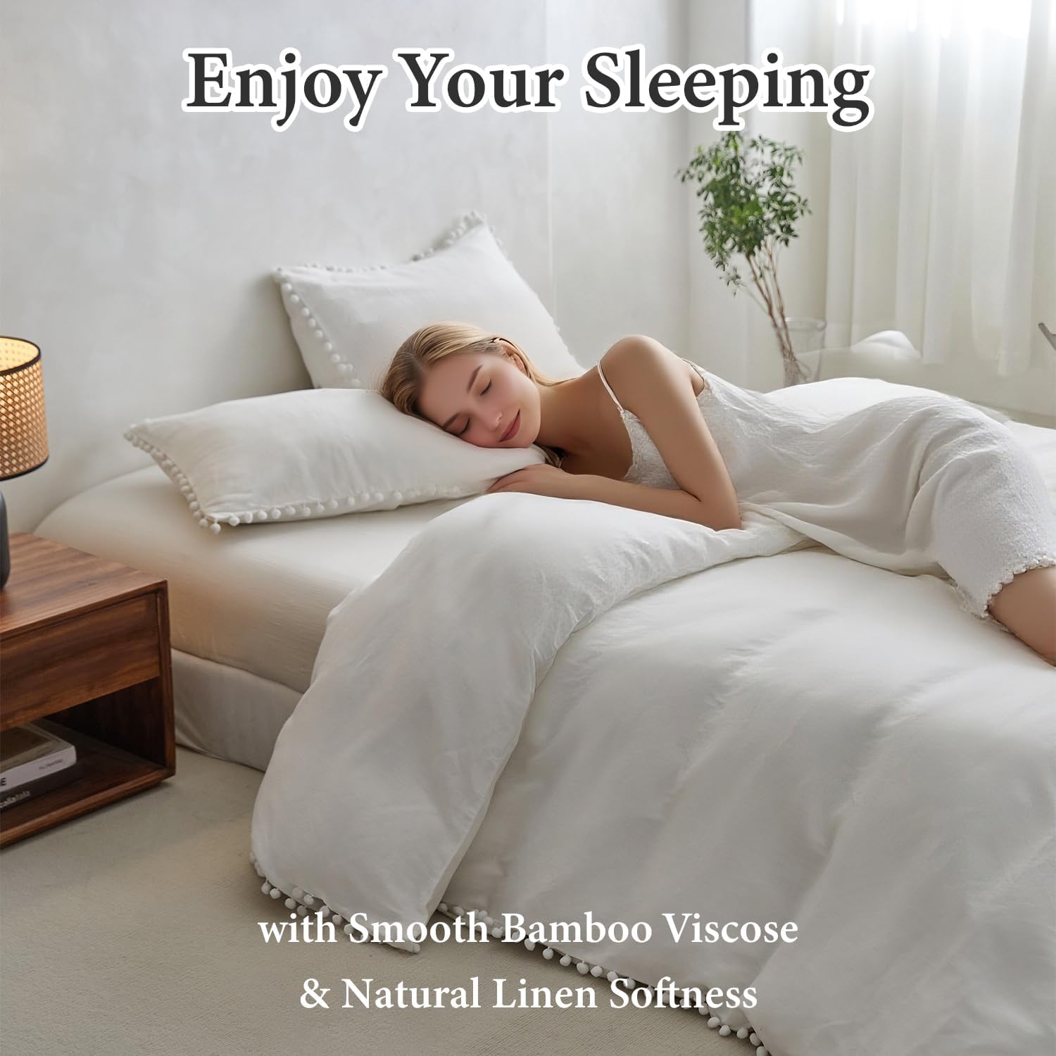 Simple&Opulence French Linen Blended Duvet Cover King, Flax Viscose Derived from Bamboo Bedding Set with Pom Pom Trim Soft Cooling for Hot Sleepers, 1 Boho Comforter Cover and 2 Pillow Shams, Linen