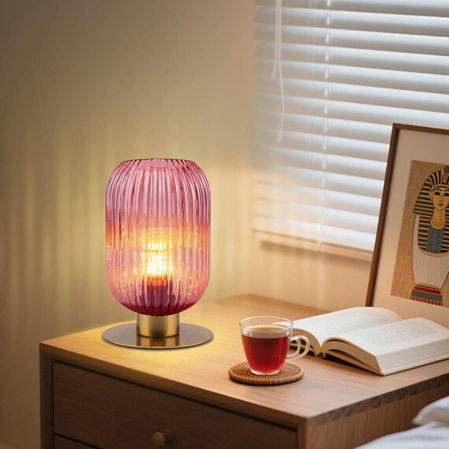 Small Table Lamps Set of 2, Mid Century Glass Desk Lamp Retro Nightstand Lamp with Gold Metal Base, Cute Bedside Lamp Pink Table Lamp for Girls Bedroom Study Room