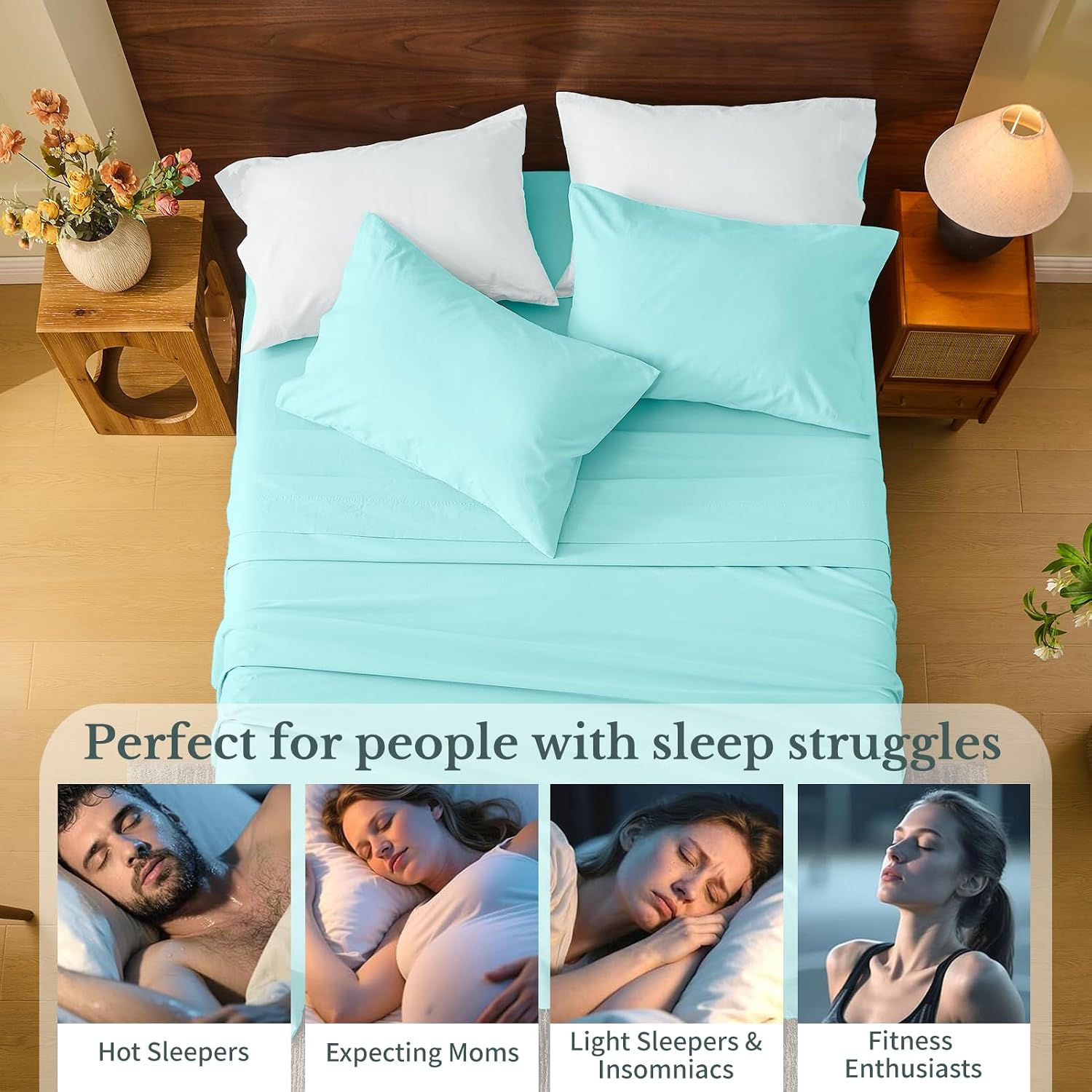 MEISHANG 100% French Pure Linen Sheets King Size - Bed Sheets 4 Piece Sets, Soft Durable Flax Linen, Anti-Tear Breathable Moisture Wicking with 16' Deep Pocket (Light Blue)