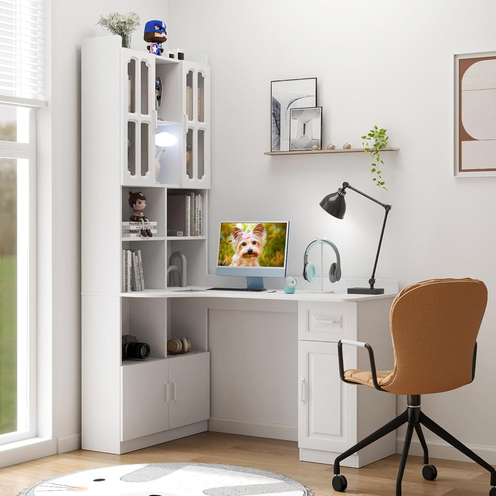 ZeHuoGe L-Shaped Corner Computer Desk for Home Office or Study Desk, Study Modern Style Table with Drawers, Bookshelf & Hutch, 2-in-1 L-Shaped Design, Large Working Space (White)
