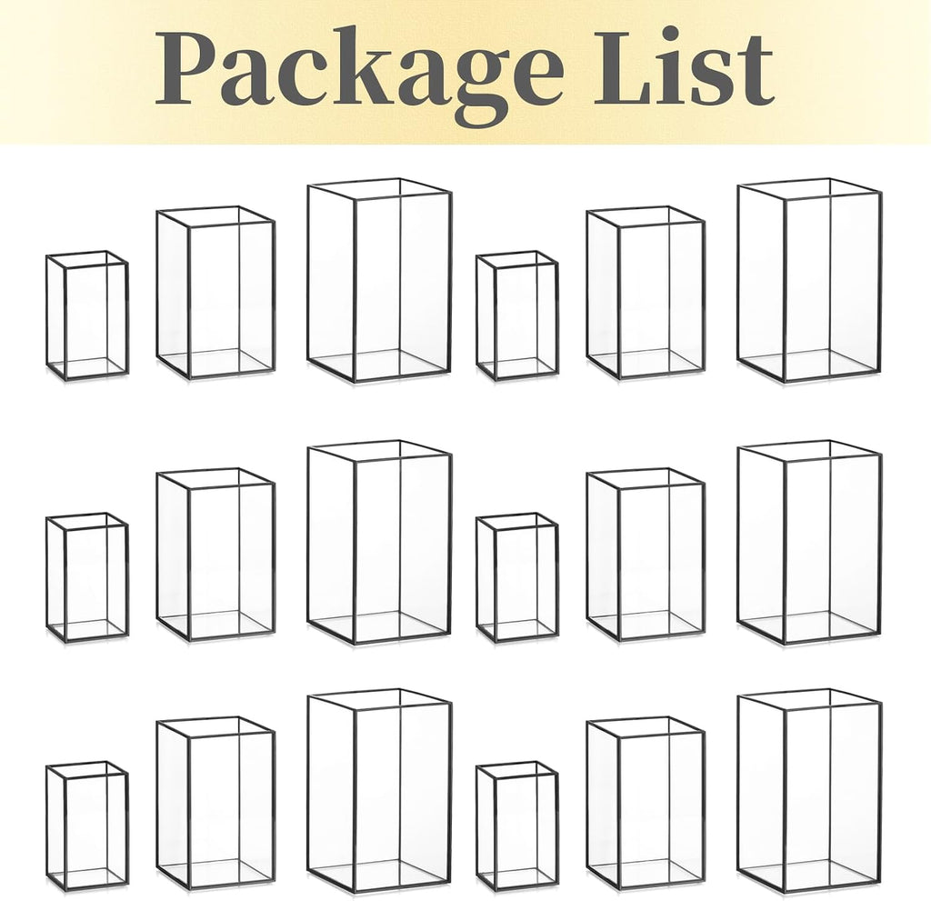 Glass Hurricane Candle Holder Large - Hewory 18pcs Black Rectangle Flower Holders Centerpiece for Table, Tall Floor Square Pillar Candle Lantern for Wedding, Anniversary, Party, Fireplace, Dining Room