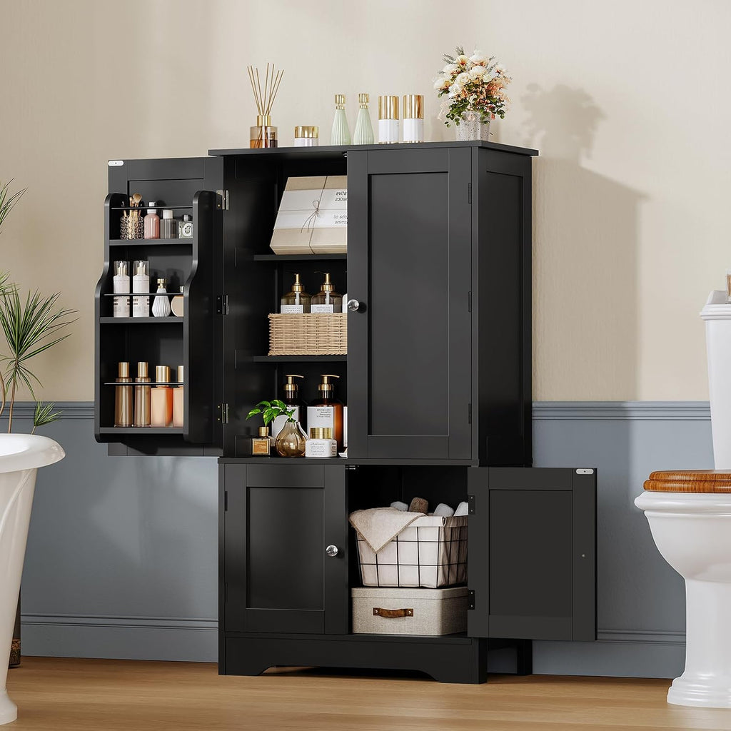 TEENFON Storage Cabinet with 4 Doors, Kitchen Cabinet with 6 Door Shelves, Kitchen Pantry for Living Room, Dining Room, Bathroom, Black