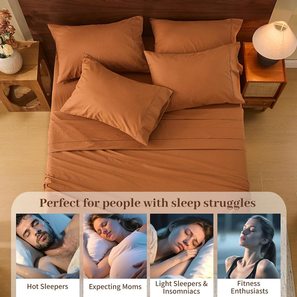 MEISHANG 100% French Pure Linen Sheets Queen Size - Bed Sheets 4 Piece Sets, Soft Durable Flax Linen, Anti-Tear Breathable Oeko-Tex Certified with 16' Deep Pocket (Brown)