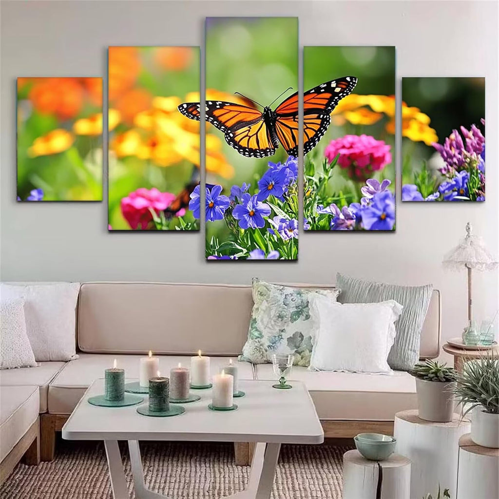 Butterfly Diamond Art 5 Piece Diamond Painting Flowers 5D DIY Full Round Drill Dimond Art Paintings Crystal Crafts for Adults Gem Painting for Home Decor, Large Artwork for Wall 48 x 100 Inch,Model219