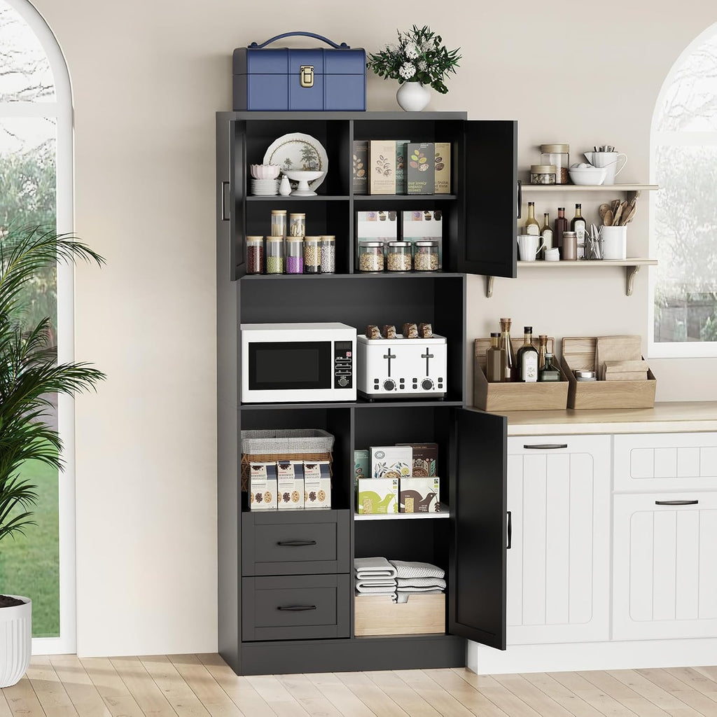 Bigbiglife Farmhouse Kitchen Pantry Cabinet with LED Lights and Power Strip, Tall Kitchen Storage Cabinet, Kitchen Hutch with Microwave Stand & Barn Doors and Drawers for Dining Room