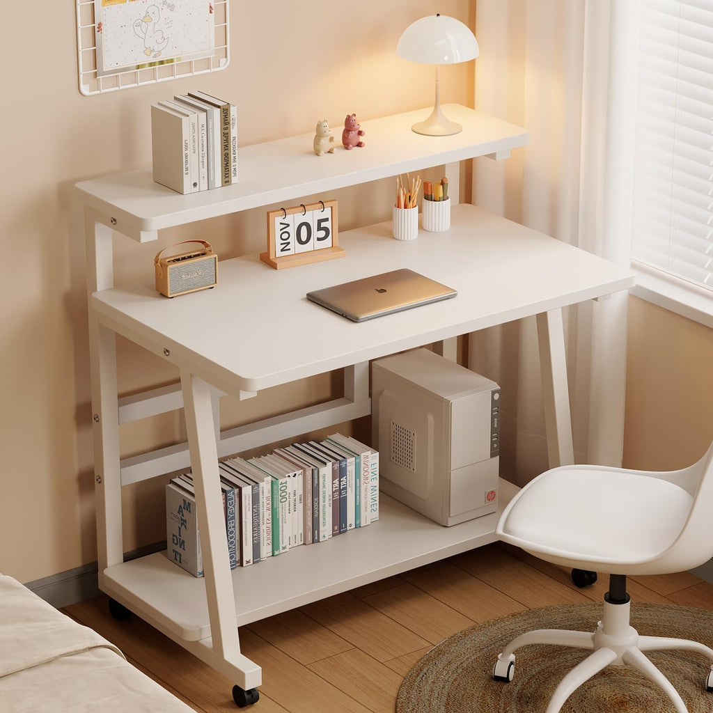 39.4 Inch Compact Rolling Computer Desk with Tier Worktable & Lockable Wheels, Small Computer Desk, Small Desk for Bedroom, Mobile Writing Workstation Easy Assembly for Home Office Small Spaces