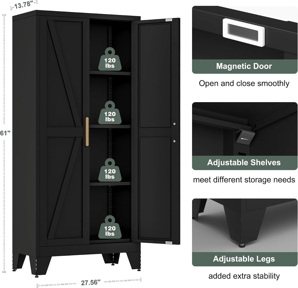 61' Tall Farmhouse Metal Pantry Cabinet, Kitchen Pantry Storage Cabinets with 2 Barn Door and Adjustable Shelves,Metal Pantry Storage Cabinet,for Kitchen,Laundry Room,Home Office,Kids Room (Black)