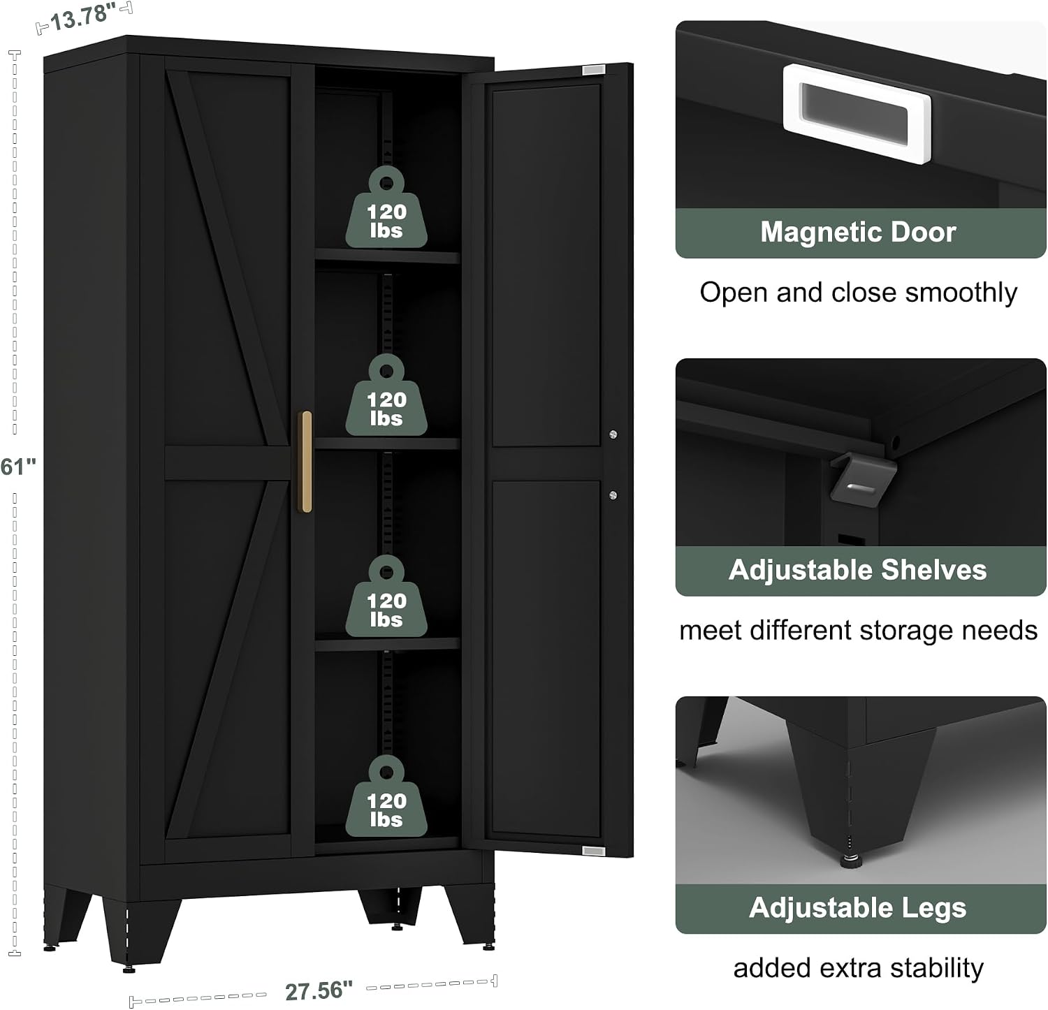 61' Tall Farmhouse Metal Pantry Cabinet, Kitchen Pantry Storage Cabinets with 2 Barn Door and Adjustable Shelves,Metal Pantry Storage Cabinet,for Kitchen,Laundry Room,Home Office,Kids Room (Black)