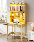HNEBC Natural Computer Desk - with Power Outlets & Chariging Station,Small Writing Desk with Hutch and Drawers,66.3''H Office Desk with Pull-Out LED Lights,Pop-up Glass Door,Pegboards,Bedroom