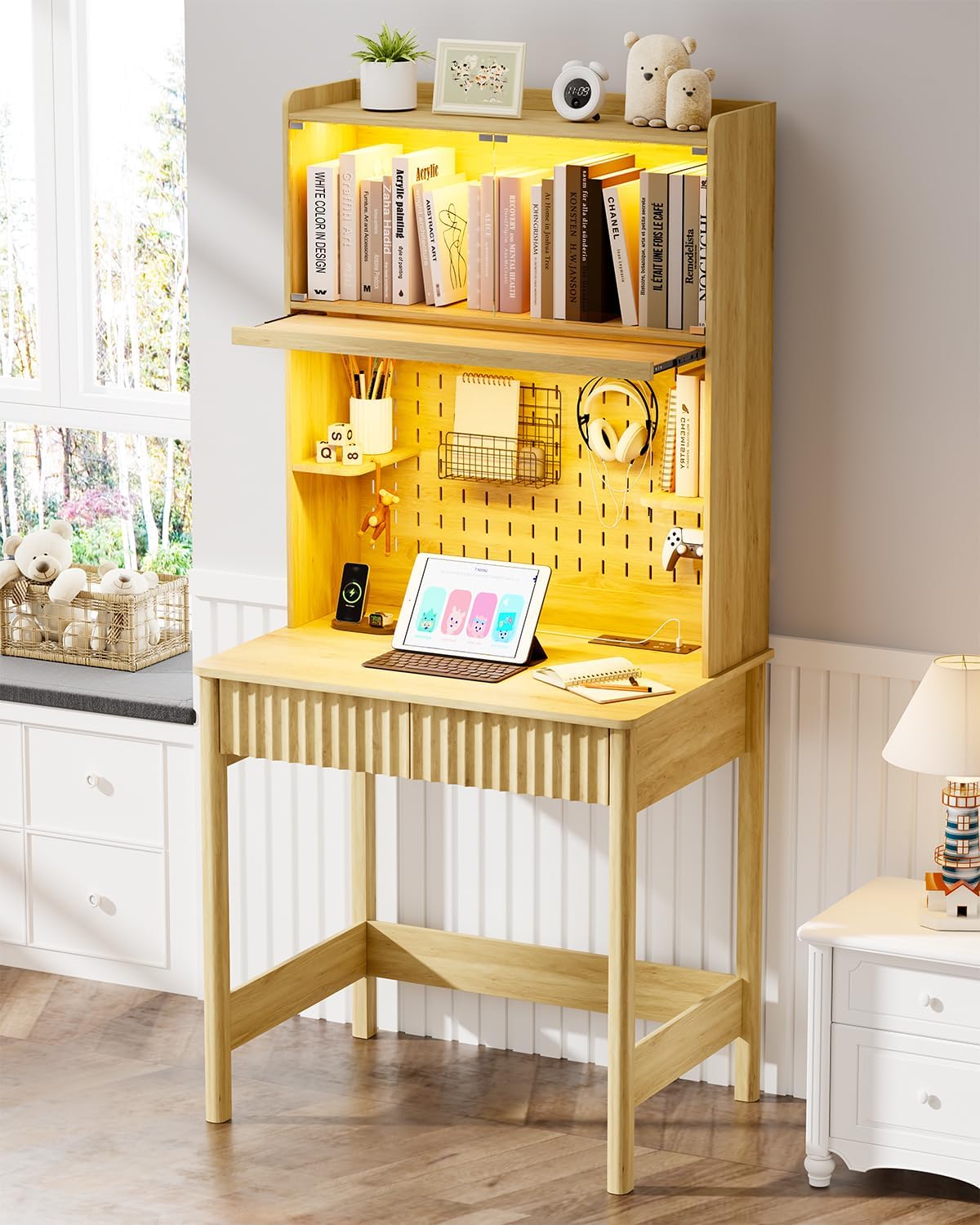 HNEBC Natural Computer Desk - with Power Outlets & Chariging Station,Small Writing Desk with Hutch and Drawers,66.3''H Office Desk with Pull-Out LED Lights,Pop-up Glass Door,Pegboards,Bedroom