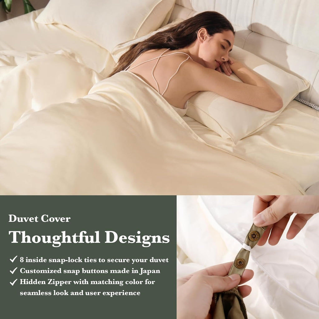 Luxury Bamboo Viscose Duvet Cover | 100% Pure Bamboo Viscose, Soft, Breathable and Cooling for Hot Sleeper | Piped Edge, Hidden Zipper Closure, 8 Corner Ties and Button Closure (Cream, Queen Size)