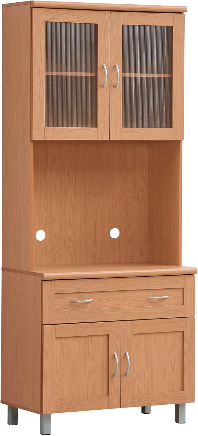 HODEDAH IMPORT Tall Standing Kitchen Cabinet with Top and Bottom Enclosed Cabinet Space, 1-Drawer, Large Open Space for Microwave in Beech