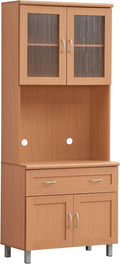 HODEDAH IMPORT Tall Standing Kitchen Cabinet with Top and Bottom Enclosed Cabinet Space, 1-Drawer, Large Open Space for Microwave in Beech