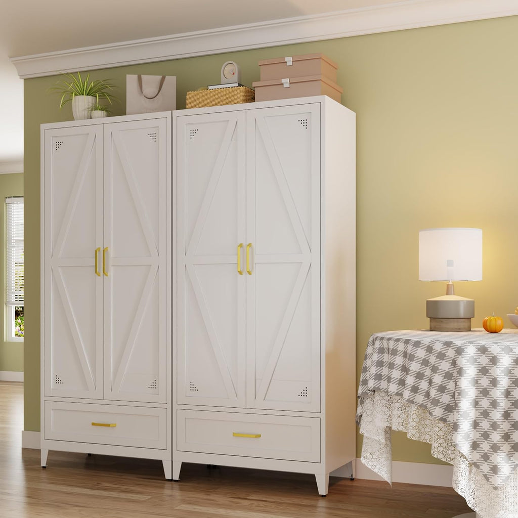 71' Tall Kitchen Pantry Storage Cabinet with Barn Doors, Drawer & Adjustable Shelves, Freestanding Storage Kitchen Cupboard, Versatile Food Pantry for Dining Room, 32' Wide,White