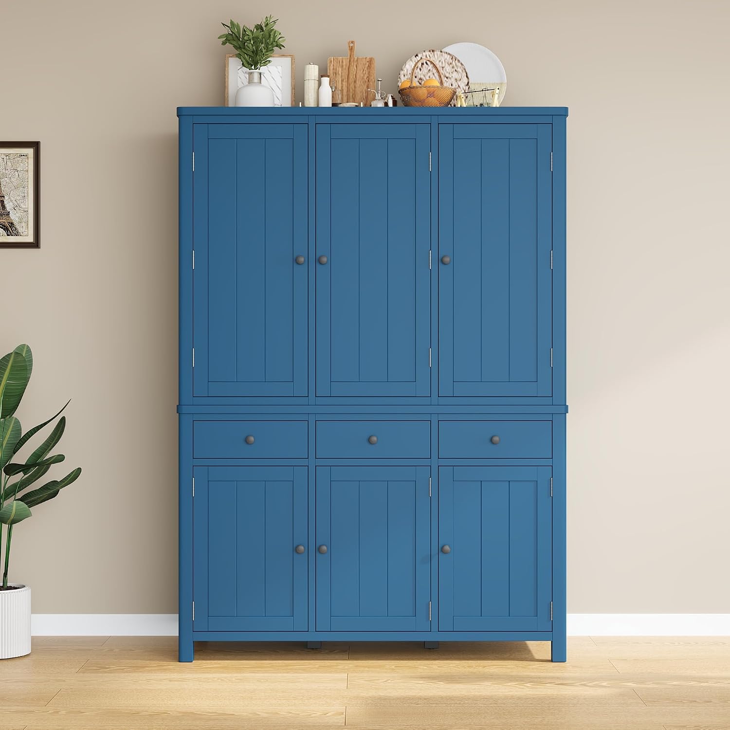 Farmhouse 74.8''H High Freestanding Kitchen Pantry, 53''Lx20''W Wooden Large Cupboard Storage Cabinet with Door Shelves, Adjustable Shelves, Pull-Out Trays and Drawers (Blue-6ds)