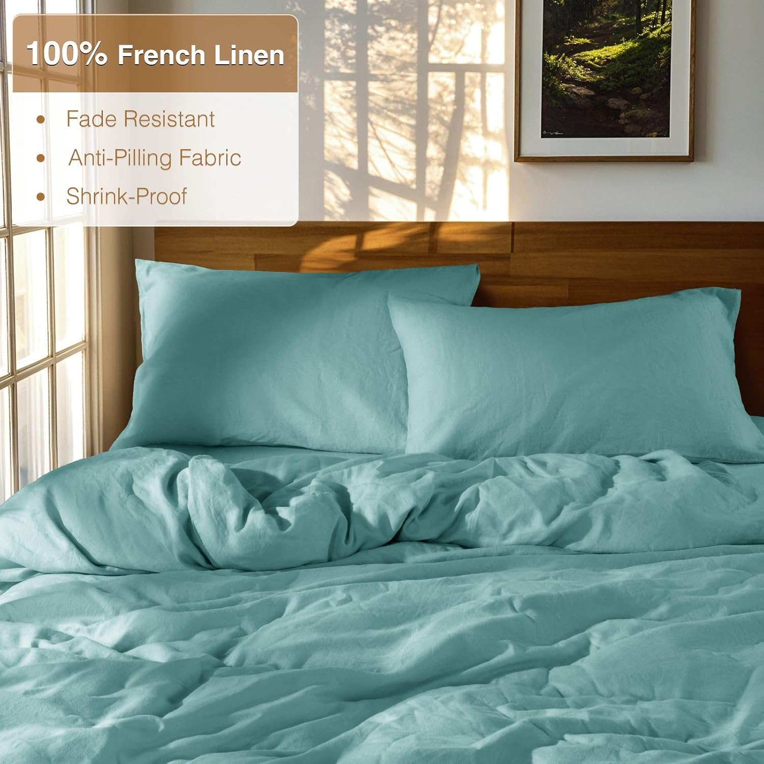 SONORO KATE 100% French Linen Duvet Cover Queen Size, Soft Breathable for Hot Sleepers, Moisture Wicking & Durable Cover Set - Zipper Closure & 4 Corner Ties Duvet Covers 3 Piece (Aqua,Queen)