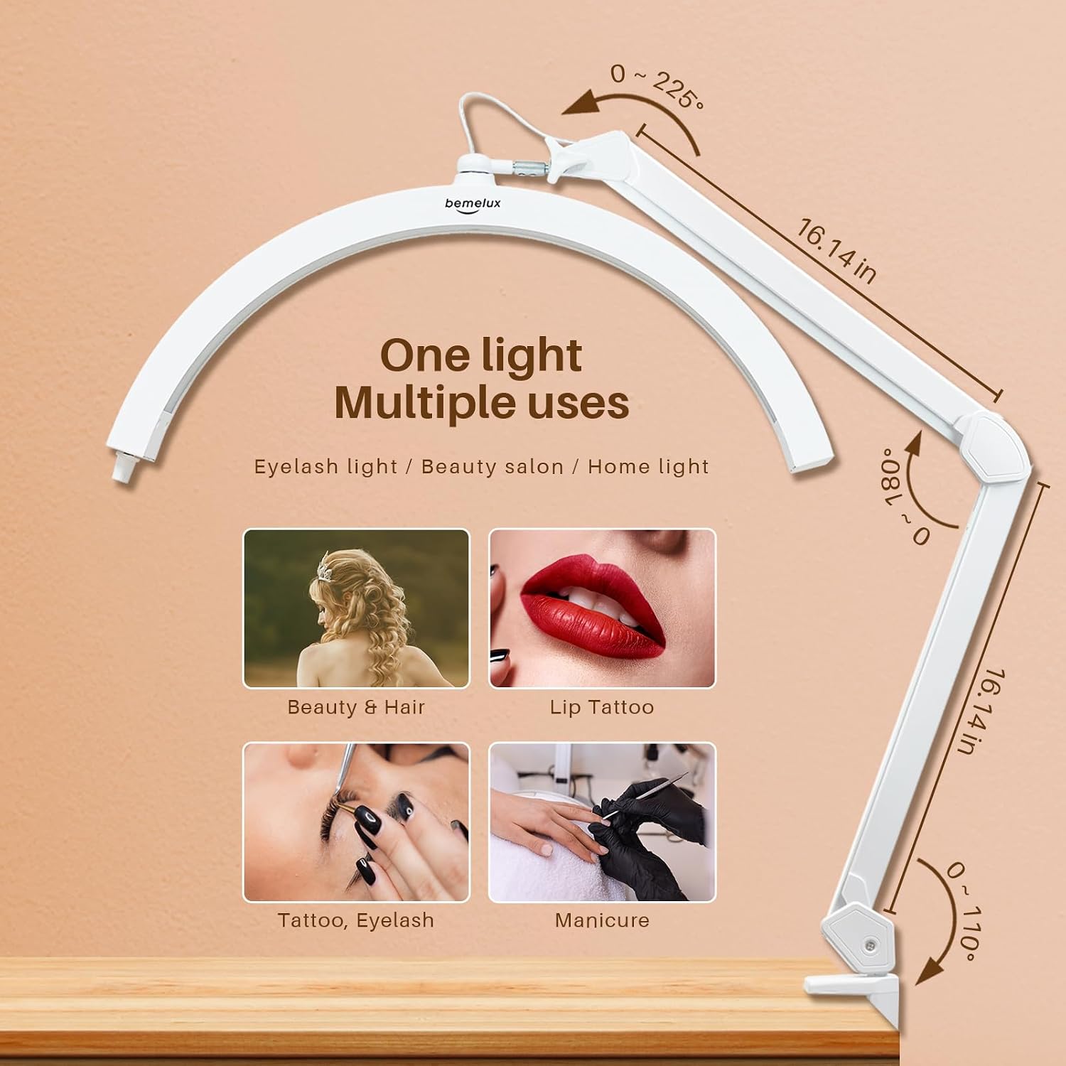 LED Half Moon Light with Desk Clamp, 30W Bright 288PCS LEDs, Metal Swing Arm for Beauty, Nail Art, Makeup, Facial Care, Tattoos, Sewing and Hand Craft DIY(White)