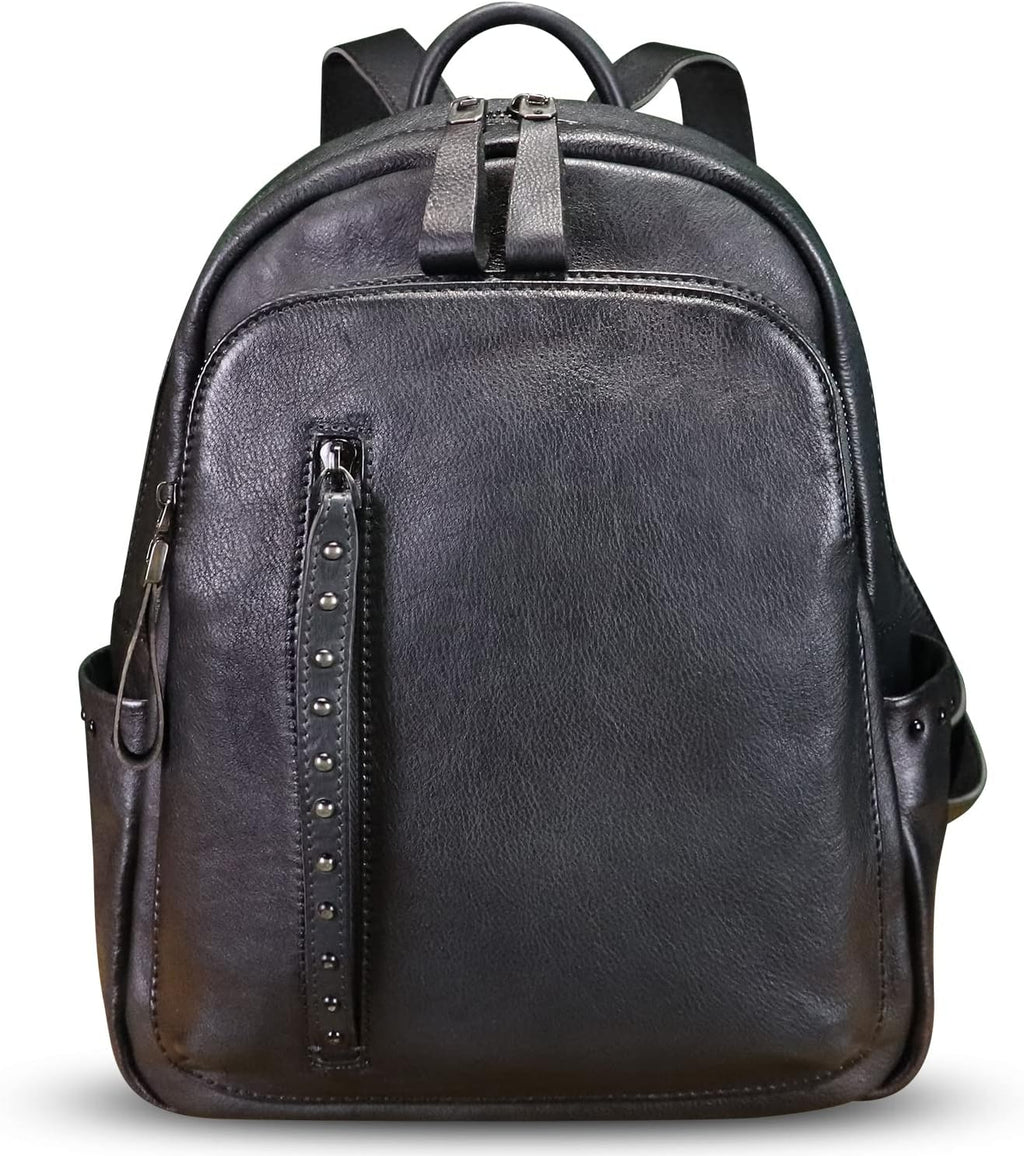 Genuine Leather Backpack Purse for Women Vintage Casual Daypack College Bag Handmade Cowhide Western Rivets Rucksack (Darkgrey)